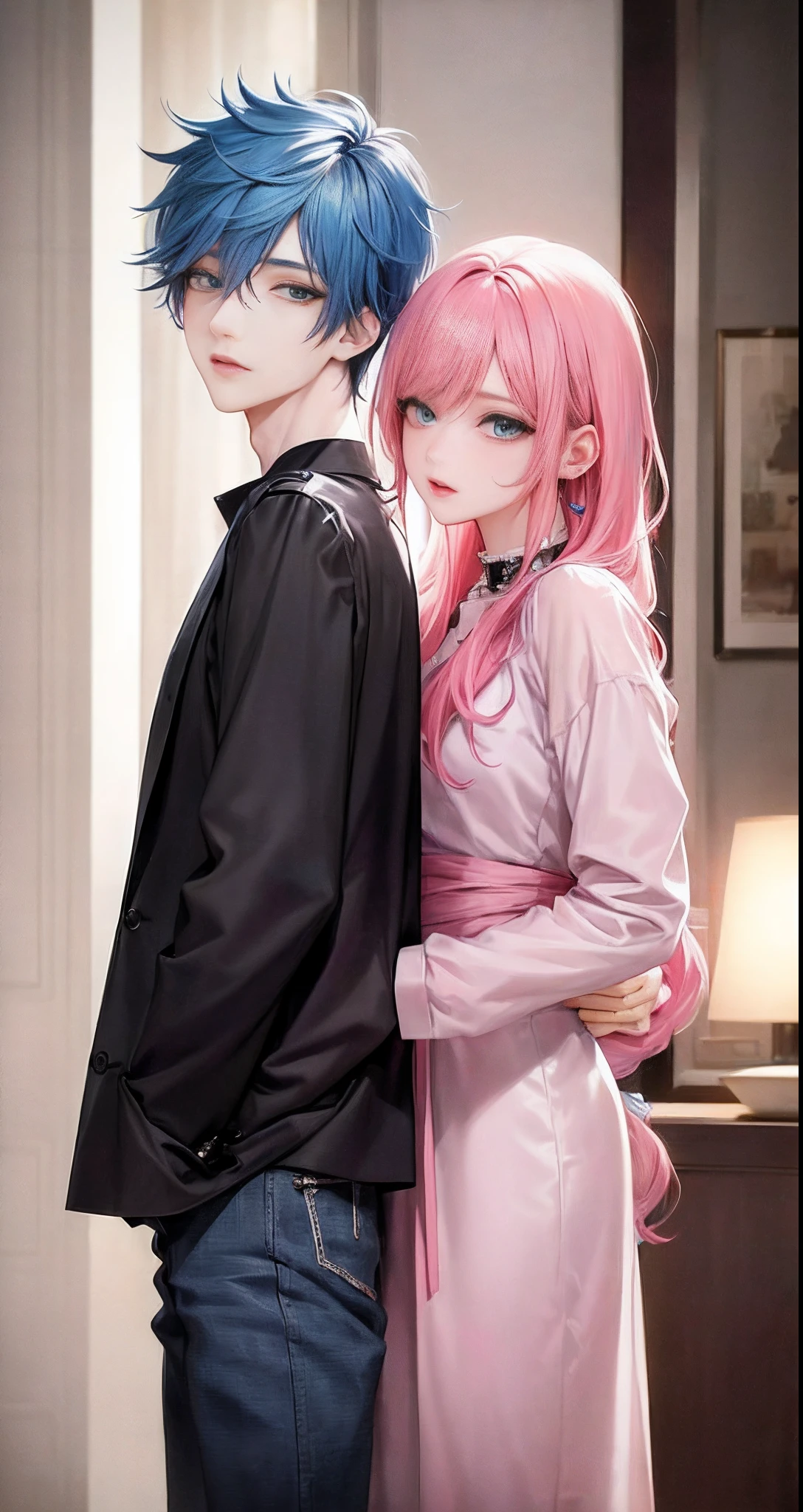 ((Male and female couples)), window, Idol Photos, Photos of actors, Professional Photos, Height difference, tall male, Happiness, youthfulness, extra detailed face, detailed punk hair, very detailed character, inspired by Sim Sa-jeong, Cai Xukun's, detailed realistic faces, highly detailed realistic face, high detailed face anime, realistic detailed face, Accurate detailed face, attractive androgynous humanoid, Cool Korean fashion in black and white, ((With a man with light blue hair)), ((Woman with pink hair)), ((Woman with long hair below waist)), ((Man with short hair over ears)), ((Pink hair woman with gentle expression)), ((Man with light blue hair with wild expression)), high-level image quality, masterpiece, Photographed so that the whole body can be seen, Photographed to make clothes look beautiful, Take your eyes off, ((two individuals)), ((British couple))