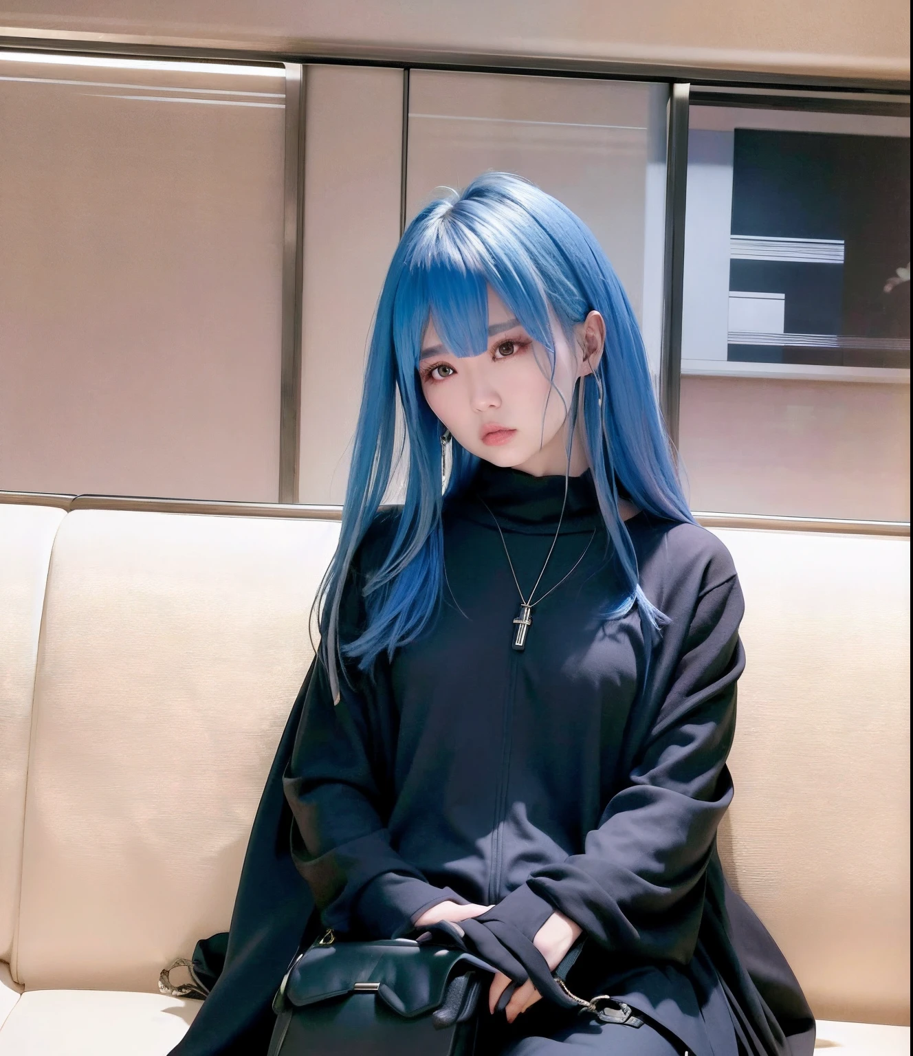 there is a woman sitting on a couch with a purse, wearing japanese techwear, xintong chen, wearing black modern clothes, wenfei ye, ulzzangs, 🤤 girl portrait, personal profile picture, chiho, wearing black clothes, wearing a black noble suit, full-body xianxia, Handsome girl, lo fi, Zhang Wanting, cruel korean goth girl