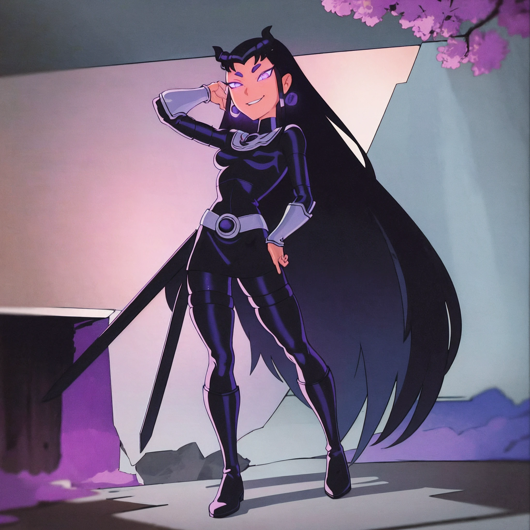 masterpiece, best quality, 1girl, perfect eyes, intricate details, perfect eyes, blackfire, cartoon style, armor, black skirt, black boots, full body, beautiful eyes, miniskirt, black leggings,standing up in a tree, looking down at viewer, POV, smile, full body suit, panthyhose