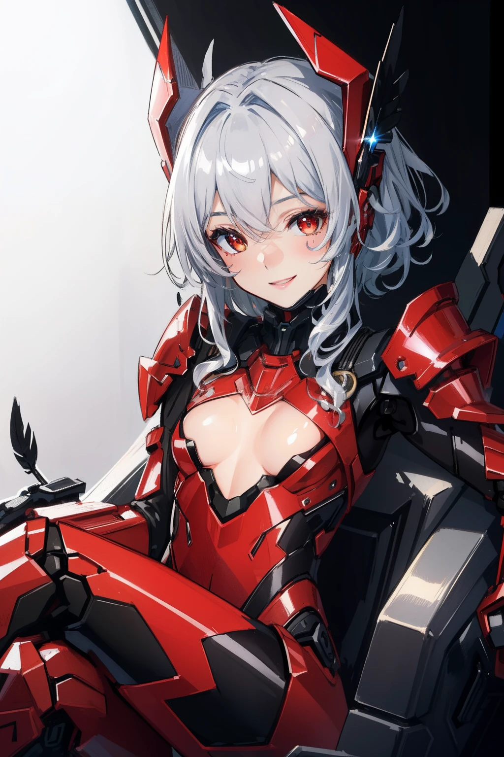 (master piece, Best Quality), Intricate details, valkyrie, kawaii, (((Cheerful smile))), Opens mouth and laughs, Looking at Viewer, Feather Headgear, Night, (((In the Black Room))), Sitting, student,
1girl in, Solo, Realistic, ultra-detailliert, (Shiny skin:1.4), Absurd, slender, Dynamic lighting, High resolution, Sharp Focus, depth of fields, Detailed eyes, Sharp pupils, Realistic pupils, (Small breasts:1.6), (thick thighs:1.0),
Portrait, swept bangs, short hair with black curly hair, Black drooping eyes, crimson thighs, Deep Red Detached Single Sleeve, Robot joints, Crimson Grove, Crimson bodysuit, Crimson reinforced suit, Closed crow feathers, pantyhose, Crimson Full Armor, flower decoration,