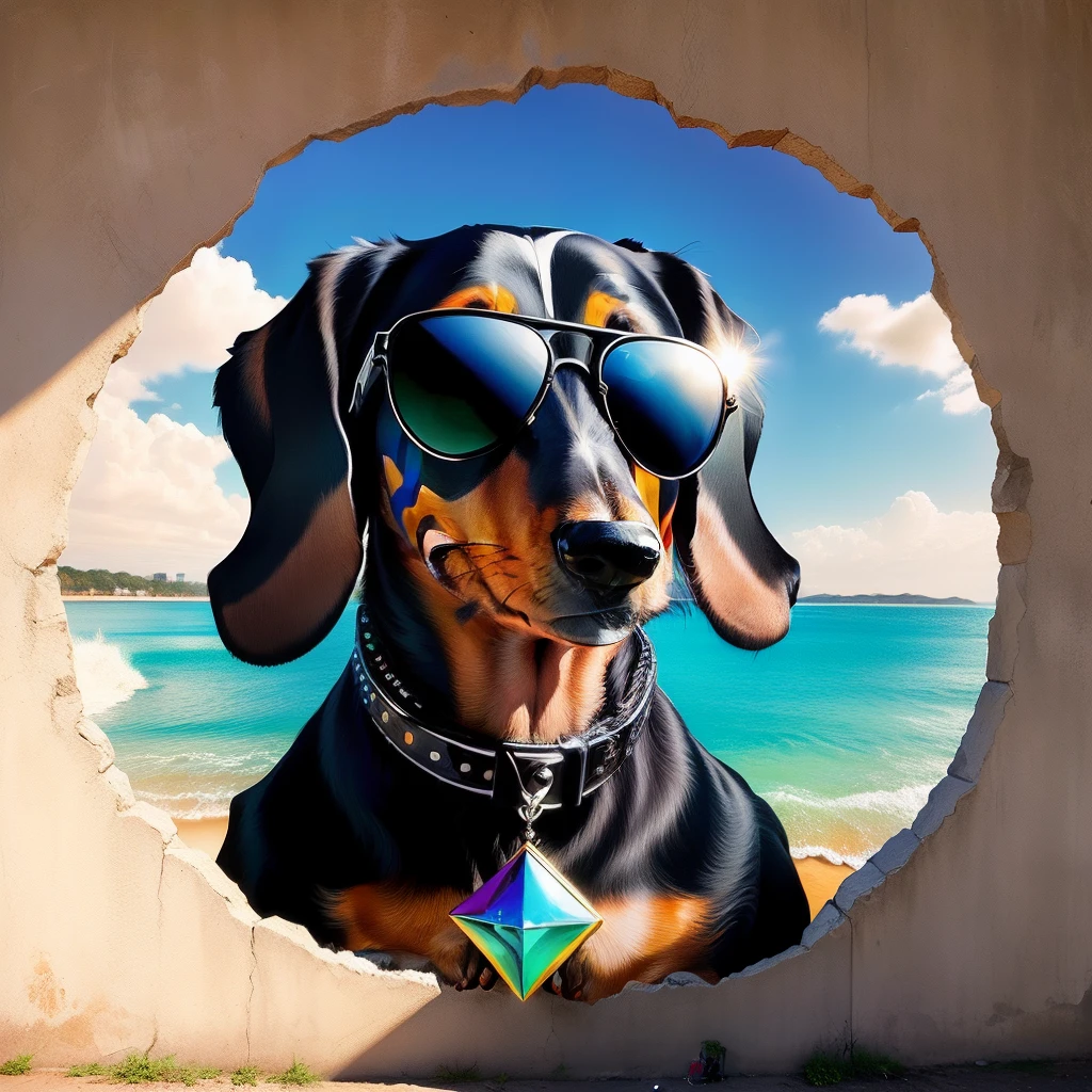 Dachshund preto, sorridente, with sun glasses, Hiper realista, Pescador,  Eduardo Kobra acolchoamento ,multidimensional geometric wall PORTRAIT