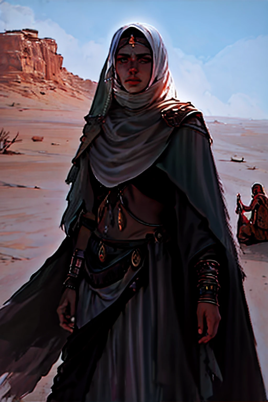 pintura de uma mulher em um deserto com um camelo no fundo, portrait of bedouin d&d, Deserto Fighter Mago Antigo, arte do personagem charlie bowater, Desert nomad, Pintura detalhada do filme Duna, Em uma arena em Duna 2021, em algum lugar nas areias do deserto, cinematic matte illustration, Alena Aenami e Artgerm