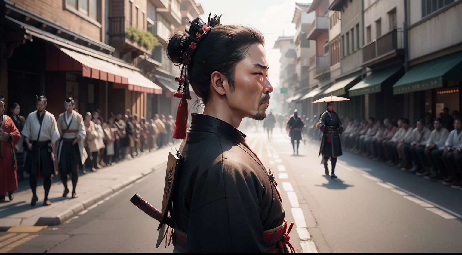 create a realistic image of a samurai watching people walking in the streets