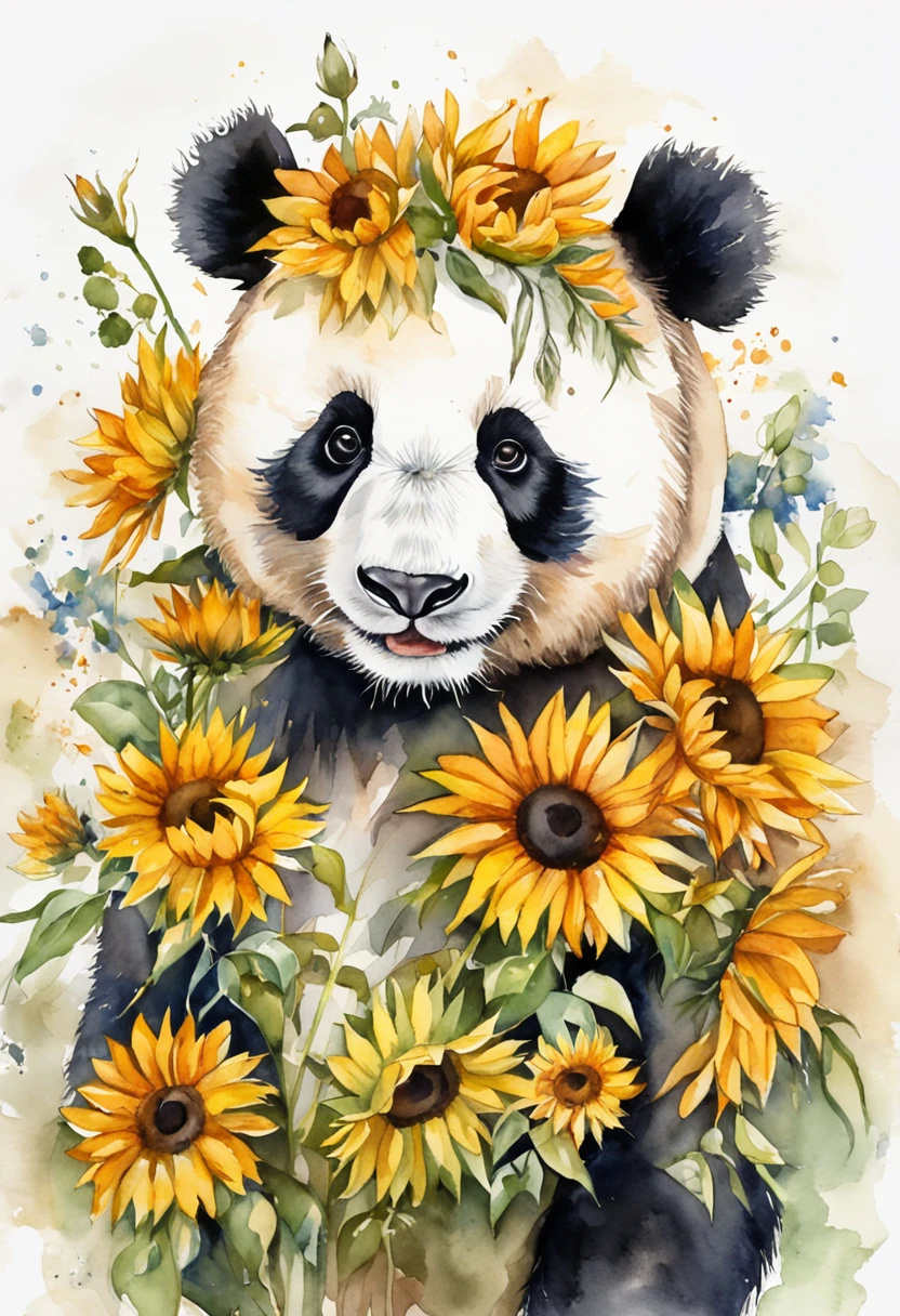 Um panda bonito,uma abelha, Sunflowers are worn on the head,Perspectiva positiva,