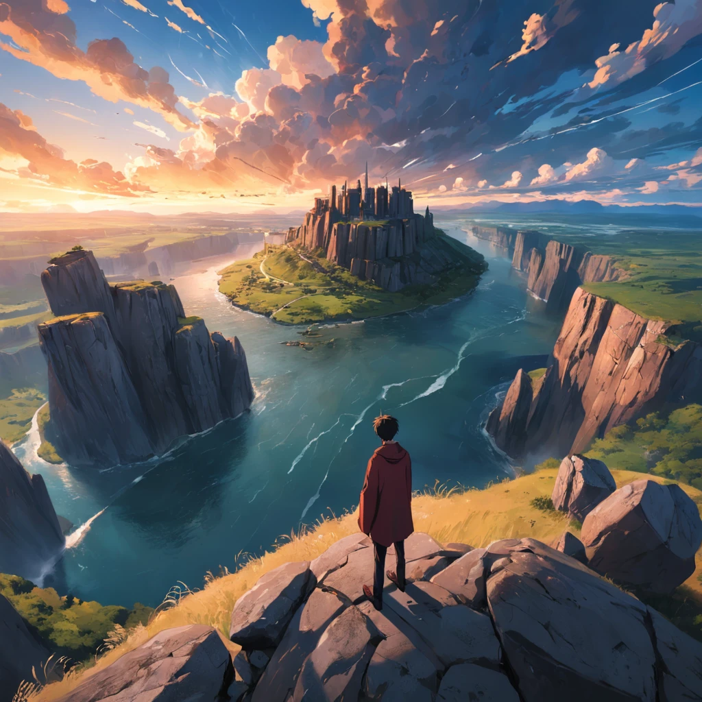tmasterpiece,best qualtiy,cinematic Film still from,Hilltop view Arafeld man holding a remote control device in front of the rock formation, drone point of view, looming drone, drone photography, Aerial Photography, The king of drones, UAVs, drone photography, 4k drone photography, drone footage, Cinematic , - H 7 6 8, Drone wide-angle lens movie stills,brightly,cheerfulness,Warm and soft lighting,the sunset,(spark of light:0.7)