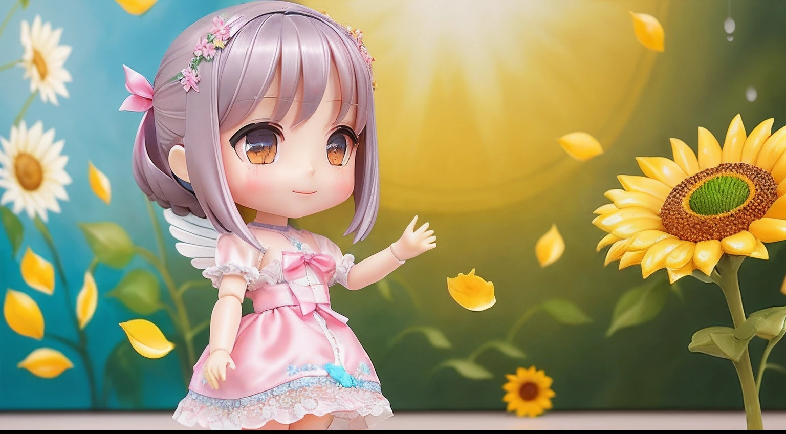 photoRealstic、Top Text Says "Code Angel"、Doll standing in front of the painting、swim wears、laugh face、Water droplets on the cheeks、Selfie Pose、spreading arms widely、、Sengai、pixiv、rokoko、dollfie dream、watercolor Nendoroid、(High Definition Figure)、flowing sakura-colored silk、nendroid、bustup、Sunflower petals、season!!: 夏☀ 🍂 ヒマワリ