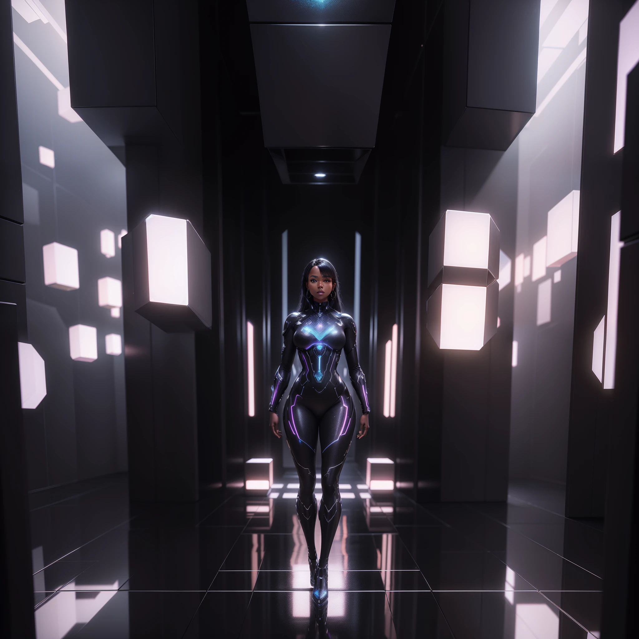 a beautiful black woman in a reflective dress standing in a room full of cubes, with iridescent light, highly detailed images, vibrant beautiful colours, photorealistic image, 8k, ultra HD, unreal engine rendered, cinematic lighting, artgerm style,