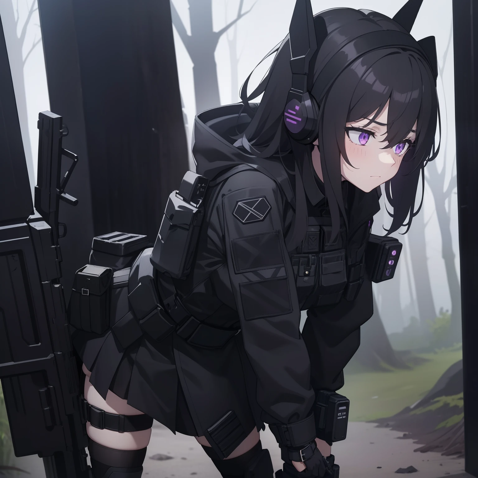 1girl, tactical black helmet, black railed headset, purple headset, black long messy hair, black camo uniform, black shoulder pads, black tactical vest, black armor pads, black handgun holster, black tactical socks, black short skirt, black stockings, black gloves, napping, confused, holding tablet, confused face, curious, dont know, lost in the forest