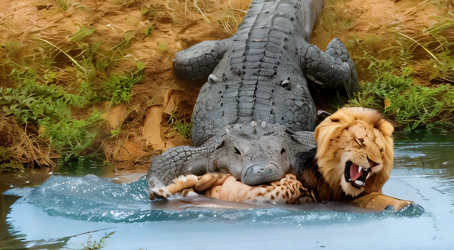 crocodile and lion in the water with one lying on their back, muito perto da natureza real, foto de crocodilo, Combates intensos, Crocodilo Loki, Foto vencedora impressionante, foto viral, crocodilo, amazing photo, Directed by: Derek Zabrocki, Directed by: Tahir Salahov, vista deslumbrante, Motivacional, 2 animais, aterrorizante, mas fascinante, muito intenso, menacingly!!!, foto deslumbrante