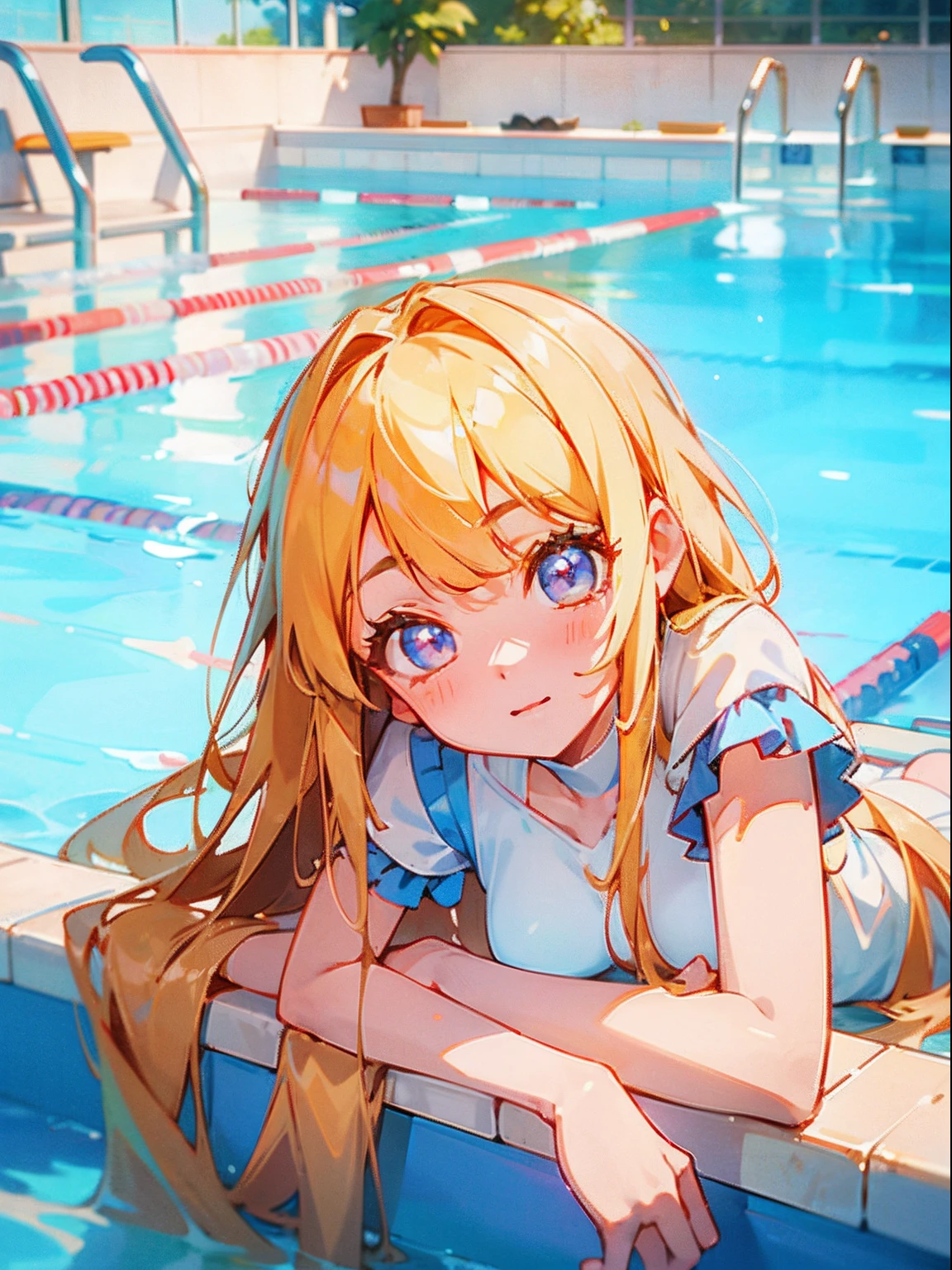 bright expression、photorealisim、top-quality、超A high resolution、a picture、Exquisitely beautiful Nordic girl photo、Detailed cute and beautiful face、(pureerosface_v1:0.008)、Beautiful bangs、alice in the wonderland、14years、Glowing white shiny skin、facial hairs、Bangs that extend to the face、bangss、Hair between the eyes、Super long hair、Attractive bright natural blonde super long straight silky hair、finer hair、Attractive glowing beautiful bright clear light blue big eyes、School swim wear、eye liner、Double eyelids、ample breasts、school swimming pool、in poolside、