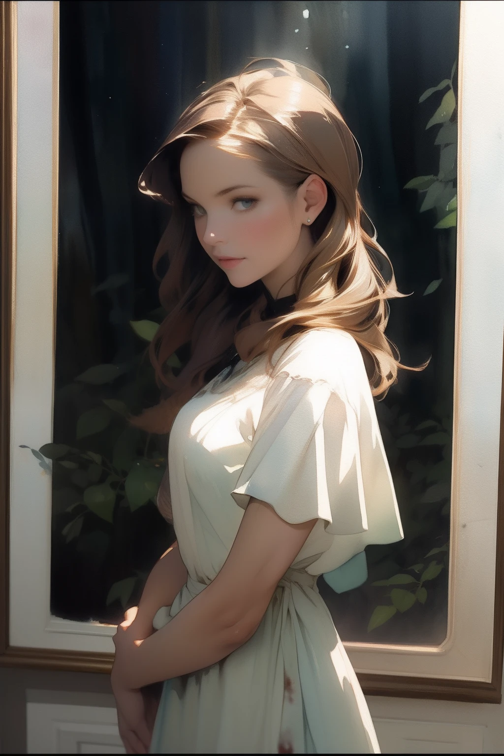 Adult beautiful ukrainian woman, scoop blouse dress, looking towards camera, long light brown hair, ((watercolor painting by singer sargent))