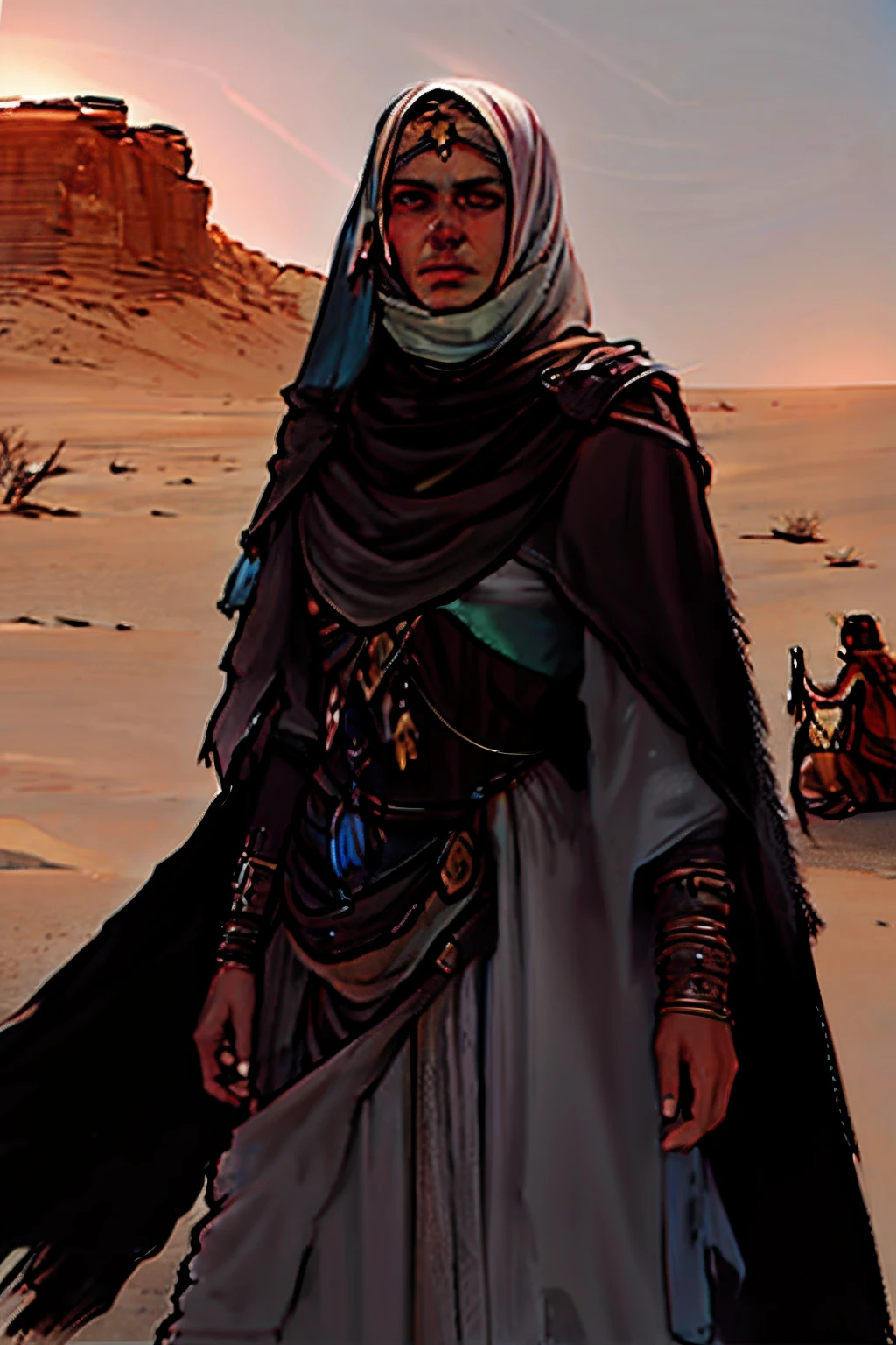 pintura de uma mulher em um deserto com um camelo no fundo, portrait of bedouin d&d, Deserto Fighter Mago Antigo, arte do personagem charlie bowater, Desert nomad, Pintura detalhada do filme Duna, Em uma arena em Duna 2021, em algum lugar nas areias do deserto, cinematic matte illustration, Alena Aenami e Artgerm