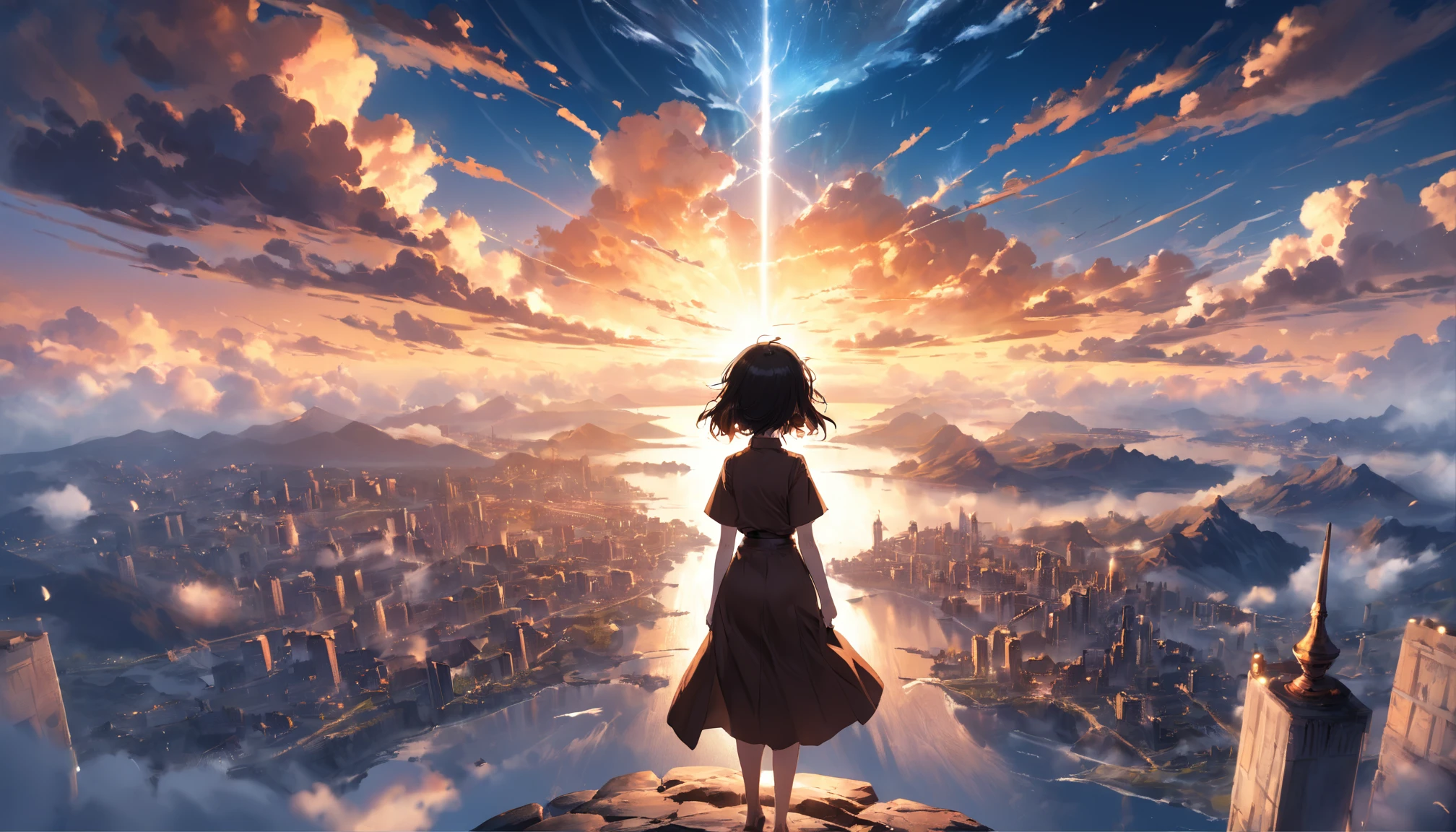 (extremely detailed CG unity 8k wallpaper, masterpiece, best quality, ultra-detailed),(best illumination, best shadow, an extremely delicate and beautiful), floating, high saturation, professional photoshoot, god rays, reflection, rule of third,
photo from the edge of sky island (cloud land, very high place, majestic) (1girl (dark brown short hair), orange bright eyes, wear (black t-shirt, long skirt), spread hands pose, from behind, silhouette), sky and sea background, sunset on the horizon, wide angle, (adventure, dramatic)