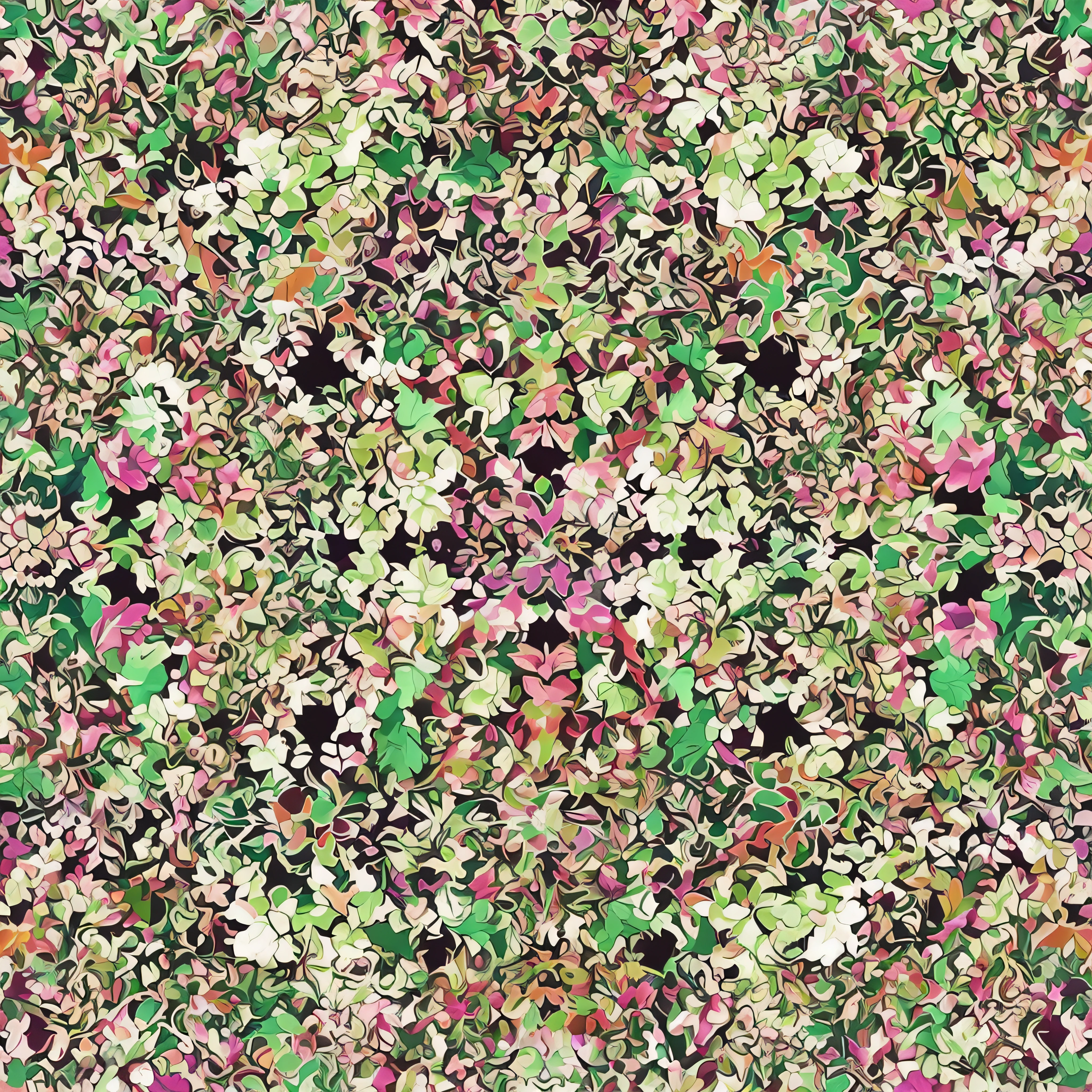 a closeup of a colorful pattern of leaves and flowers, peephole style poster, maximalismo arte digital, altamente abstrato, arte generativa altamente detalhada, peephole, colorido intrincado, kaleidoscopic, muito abstrato, Chaotic composition, Resumo intrincado, kaleidoscopic colors, psychedelic digital art, arte digital multicolorida, kaleidoscope, arte generativa colorida, hallucinatory art