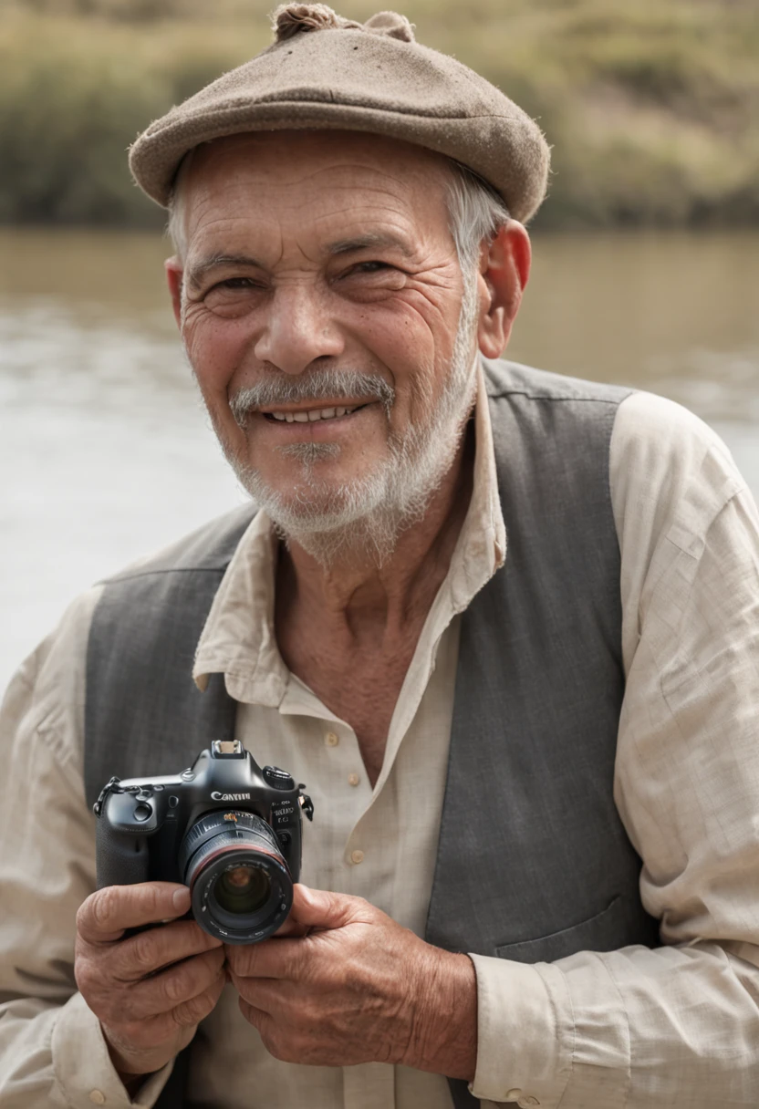 "Viejo pescador,feliz, professional colour grading, sombras suaves, Clean sharp focus, cinematographic photography"