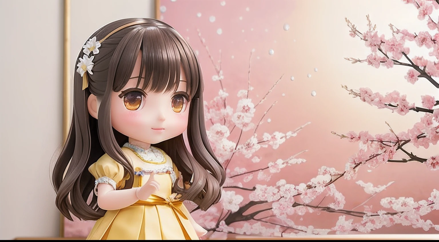 photoRealstic、Doll standing in front of the painting、swim wears、laugh face、Water droplets on the cheeks、Selfie Pose、spreading arms widely、Sengai、pixiv、rokoko、dollfie dream、watercolor Nendoroid、(High Definition Figure)、flowing sakura-colored silk、nendroid、bustup、Rape flower petals、season!!: 春☀ 🍂 菜の花