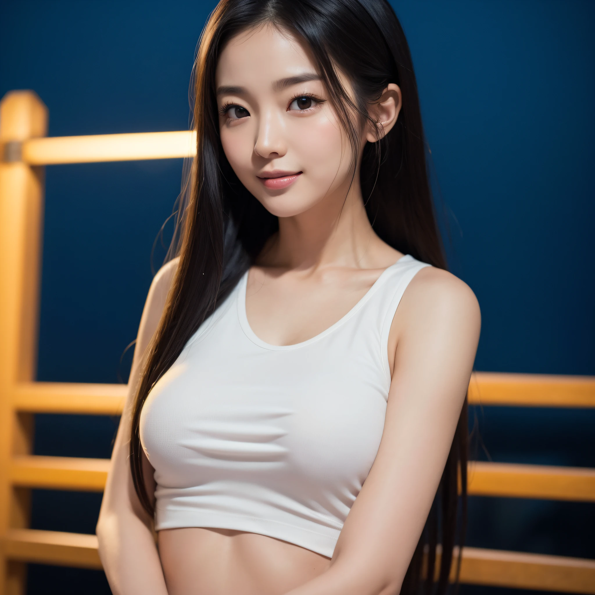 (8k, RAW photo, top quality, masterpiece: 1.2), (realistic, photorealistic: 1.37), ultra detail, ultra high resolution, pio apple, one girl, look viewer, smile, beautiful detailed eyes, floating hair, bangs, skin texture, narrow waist, slim waist, (curve: 0.4), belly button, leg, movie lighting, professional lighting, light face, café