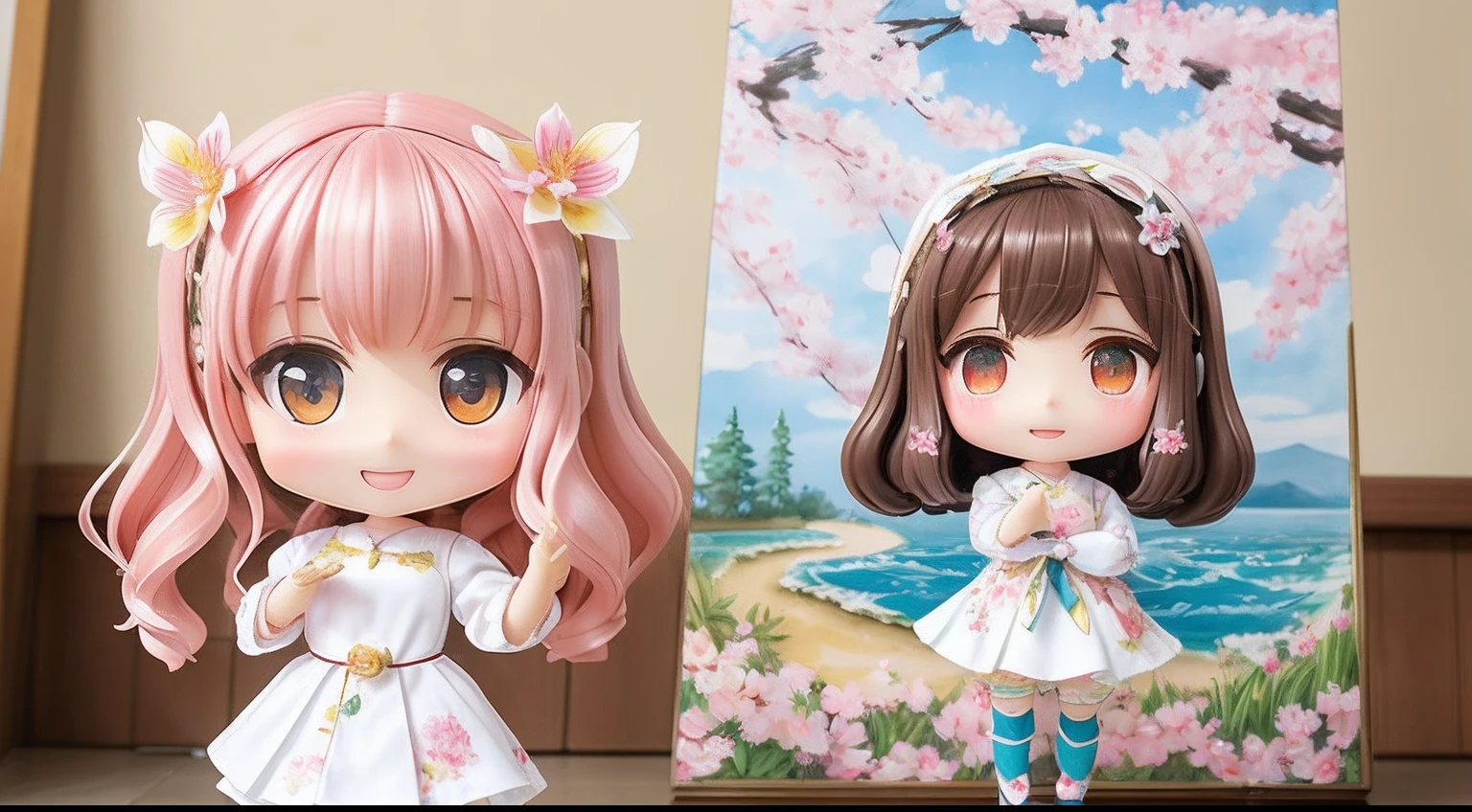 photoRealstic、Doll standing in front of the painting、swim wears、laugh face、Water droplets on the cheeks、Selfie Pose、spreading arms widely、Sengai、pixiv、rokoko、dollfie dream、watercolor Nendoroid、(High Definition Figure)、flowing sakura-colored silk、nendroid、bustup、Rape flower petals、season!!: 春☀ 🍂 菜の花