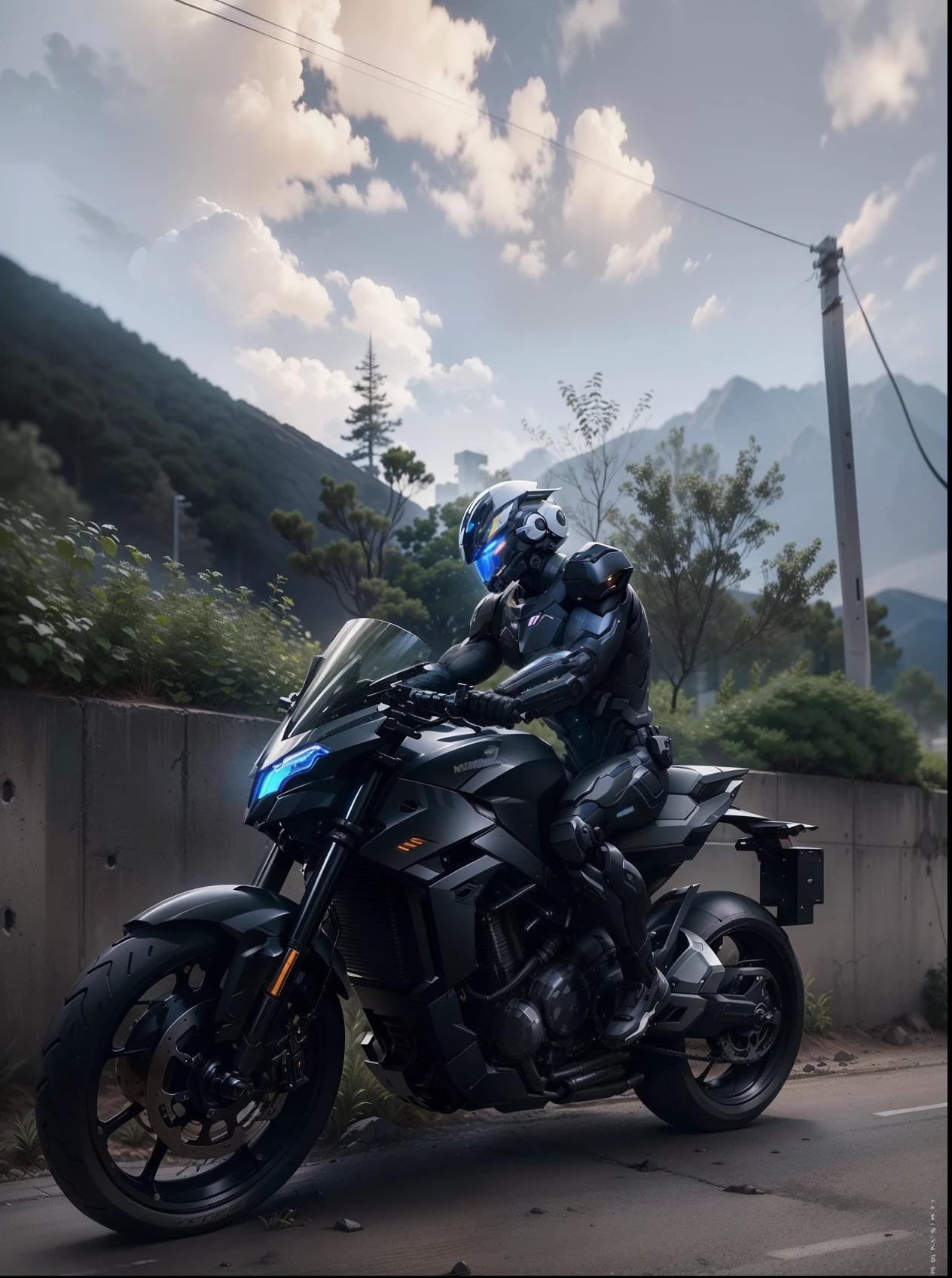 Handsome full body black mecha white short hair cyber handsome warrior, black cyber mechanical motorcycle, high-tech black full surround helmet, white short hair, Nousr, biomechanics, MSHN robot man, high-tech helmet, surreal, steel, complex design, crazy details, fine details, extremely clear lines, cinematic lighting, photo realism, detailed masterpiece