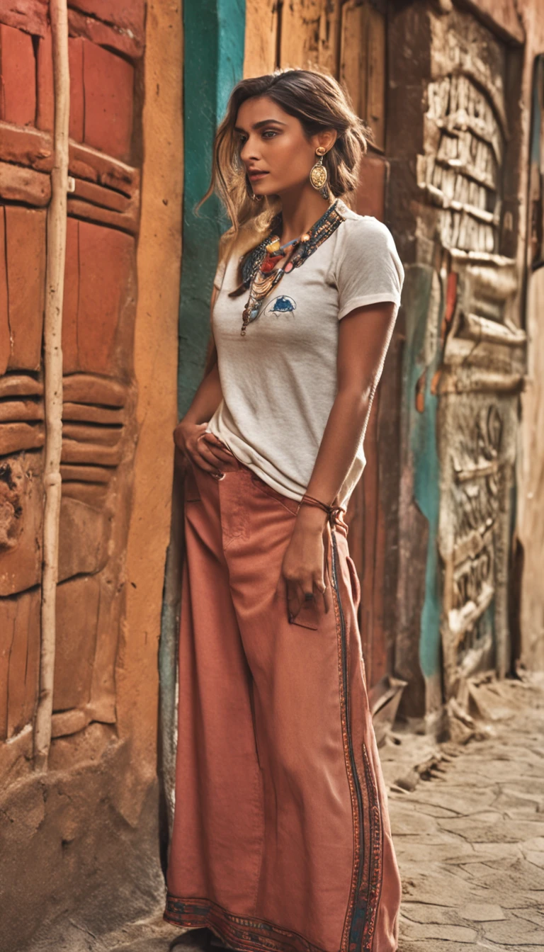 Hermosa joven morena con rulos, argentina, Standing on stage at a folk recital, Llevar una remera sin mangas con tirantes con el texto "Folclore Anuritay" impreso, Clothes in rustic colors, vaqueros, hipy, in front of camera, realista, Detalles de gran intrincado, (obra maestra ), 32K