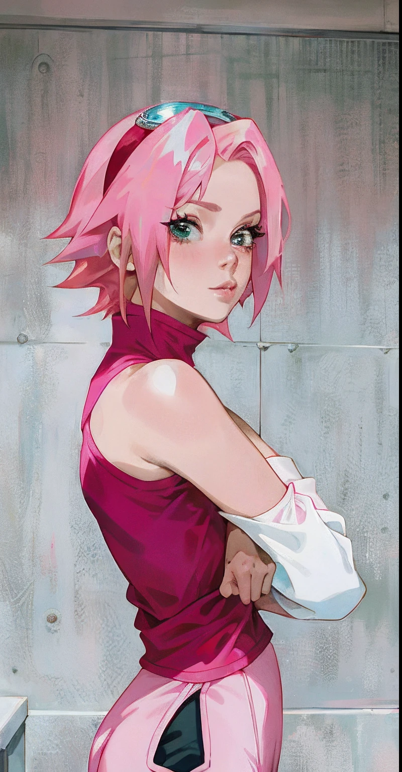 araffe with pink hair and a pink top posing for a picture, cute girl with short pink hair, haruno sakura, with pink hair, short pink hair, pink short hair, pink hair, sakura haruno, anime girl in real life, pink girl, saiyan girl, flowing pink hair, pink iconic character, 8 0 s anime vibe, pink straight hair