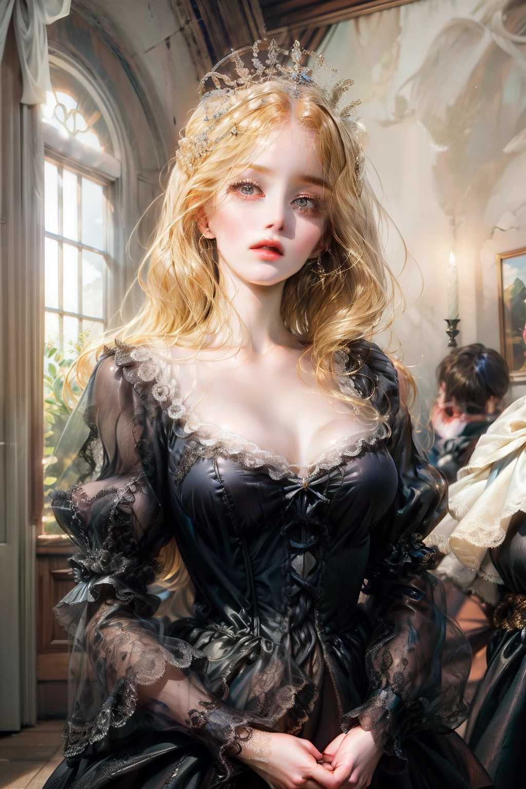 Beautiful French noblewoman of the middle ages, cabelos longos negros, olhos azuis sedutores, corpo voluptuoso, Maximum sensuality, usando vestes de dormir em um quarto luxuoso, Cleaning yourself with wet wipes