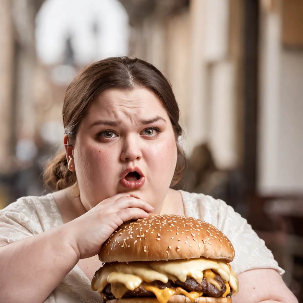 Extremely obese woman with 200 pounds biting into a burger Desperately wide eyes shocked expression on her face She is sitting in a restaurant
