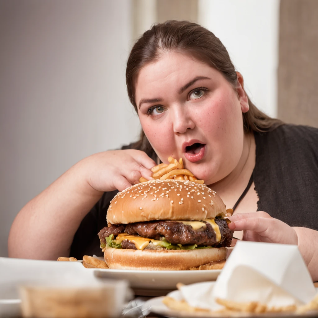 sad fat woman eating hamburger on her bed in the dark