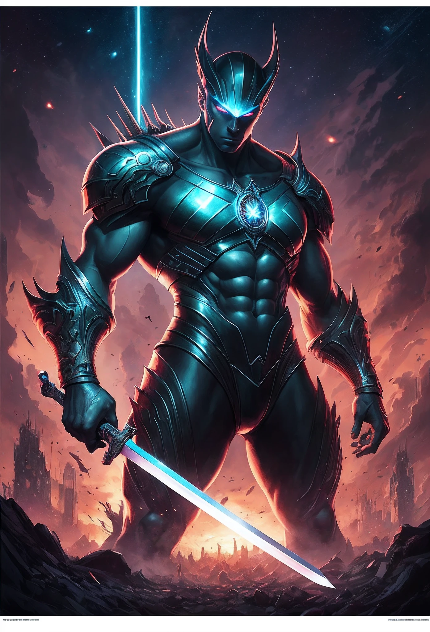 a black man with a sword and gun, standing in front of a giant monster, epic poster art, concept art for movie, concept art for movies, cloverfield movie, cosmic horror concept art, fantasy and cosmic horror movie, with iridescent light, highly detailed images, vibrant beautiful colours, photorealistic image, 8k, ultra HD, unreal engine rendered, cinematic lighting, artgerm style, --auto --s2