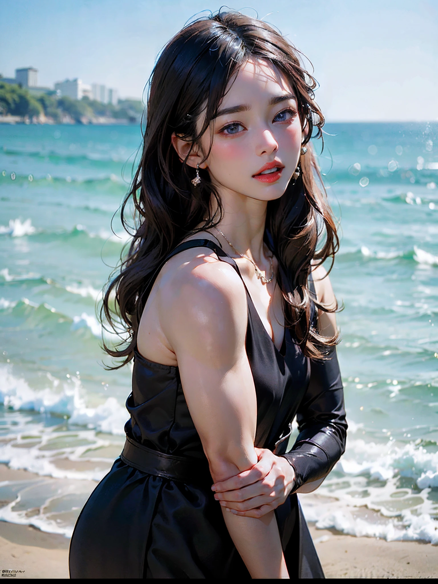 (masterpiece), (best quality), (1girl), beautiful 18 year old girl,  (), (cute, beautiful girl, petite,(flat chest:1.6)), porcelain skin, pale skin, body shot, very long hair, arms between legs, shy, blush, sitting down wariza, 
on beach, sunny, beautiful cloudscape, wind swept hair, wind swept clothes, wind swept clothing, 
 ultra realistic, ultra detailed, photo realistic, photorealism, detailed, realistic skin, detailed, photorealistic,