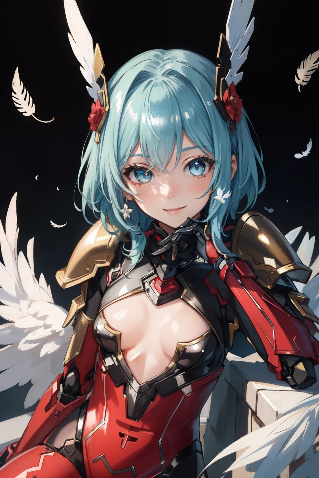 (master piece, Best Quality), Intricate details, valkyrie, kawaii, (((Cheerful smile))), Laugh, Looking at Viewer, Feather Headgear, Night, (((In the black room))), Sitting, Hand up, student,
1girl in, Solo, Realistic, ultra-detailliert, (Shiny skin:1.4), Absurd, slender, Dynamic lighting, High resolution, Sharp Focus, depth of fields, Detailed eyes, Sharp pupils, Realistic pupils, (Small breasts:1.6), (thick thighs:1.0),
Portrait, swept bangs, short hair with black curly hair, Ice blue drooping eyes, crimson thighs, Deep Red Detached Single Sleeve, Robot joints, Crimson Grove, Crimson bodysuit, Crimson reinforced suit, Crow feathers cute, pantyhose, Crimson Full Armor, flower decoration,