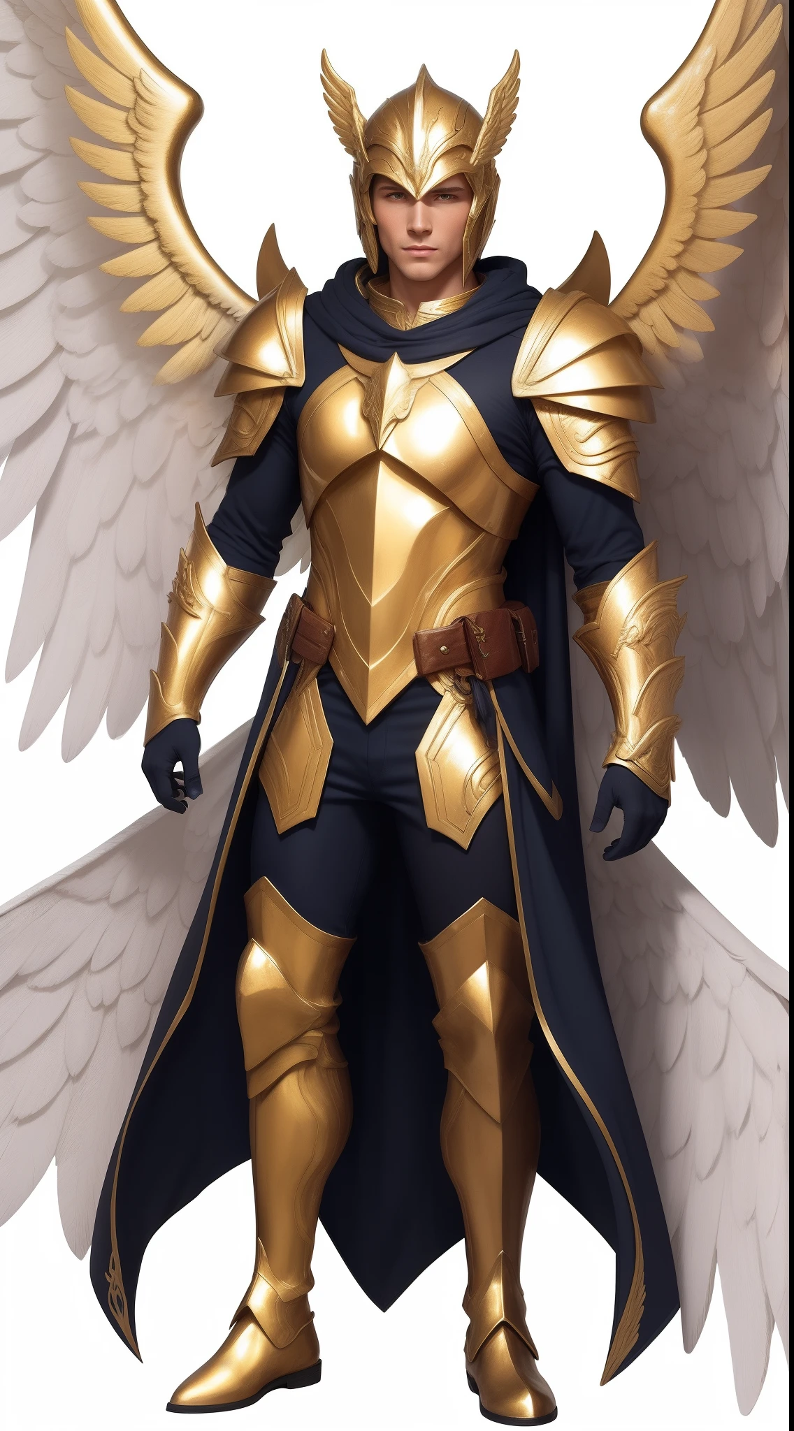 serafin fiery angel, with multiple wings and a radiant presence androgen male with white and gold armor covering the whole body and real golden details