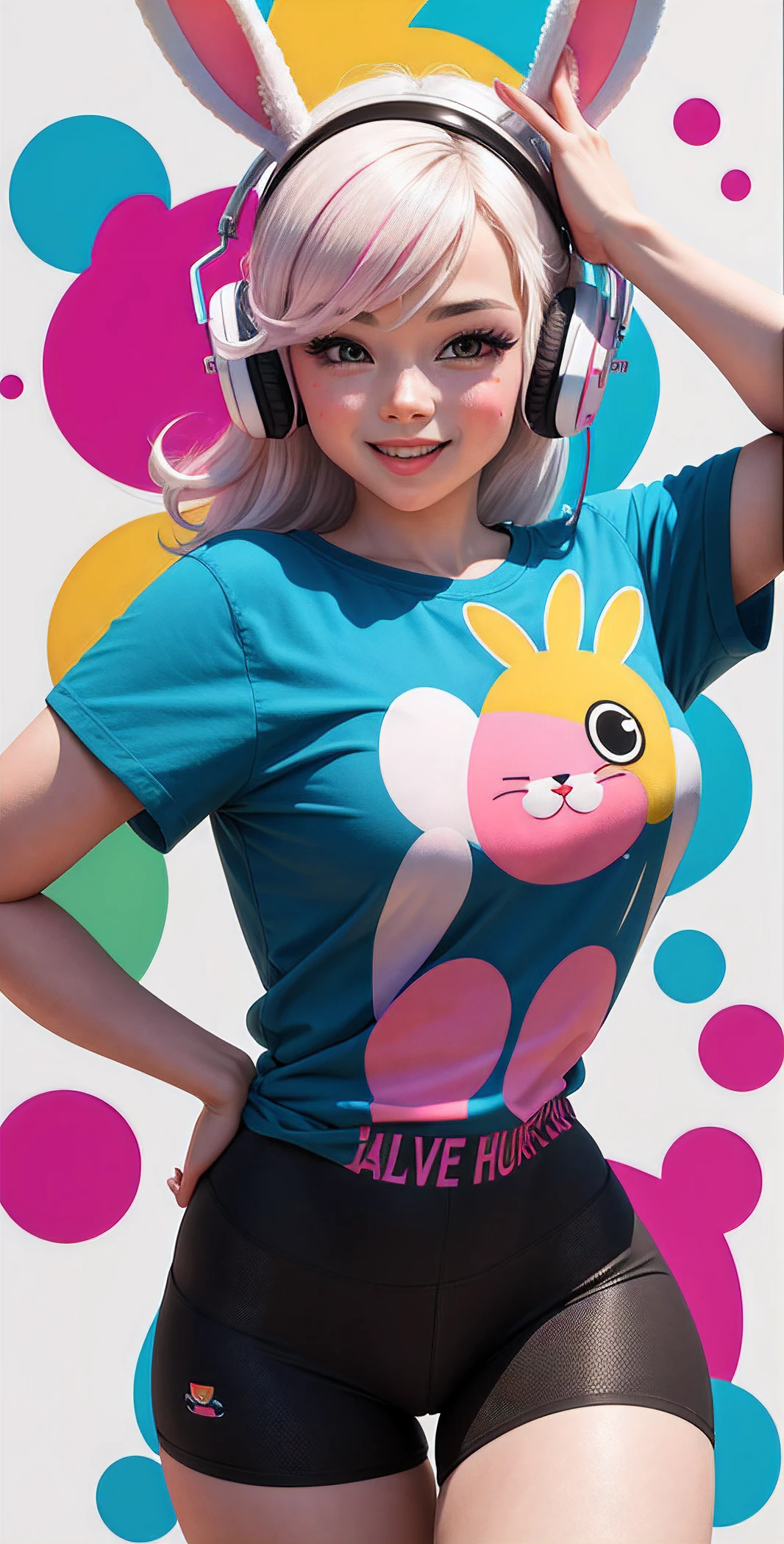 "colourful: Graphic t-shirt vector with headphones worn by cute happy bunny, Detailed design, colourful, Outline, White background"