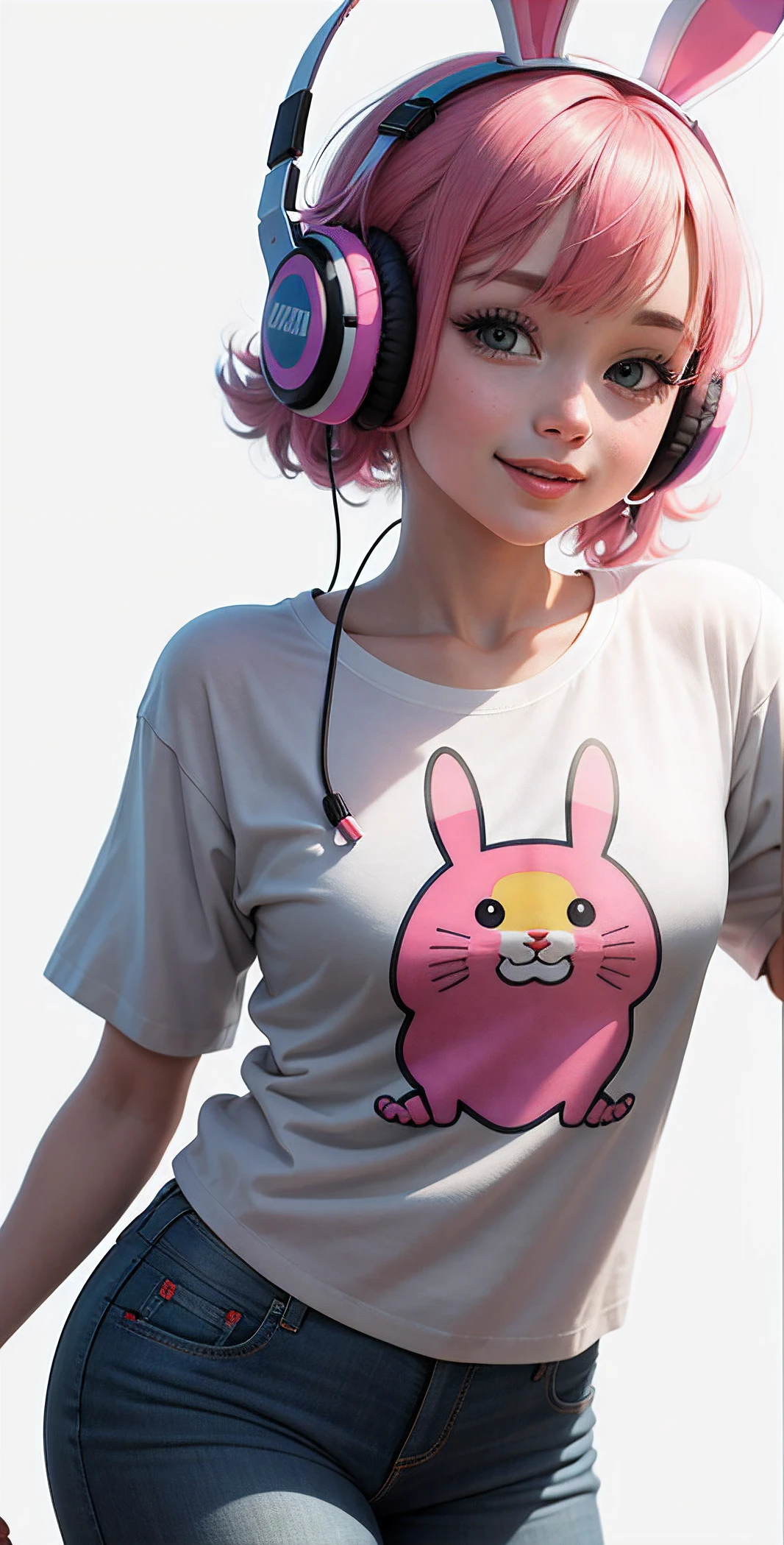 "colourful: Graphic t-shirt vector with headphones worn by cute happy bunny, Detailed design, colourful, Outline, White background"