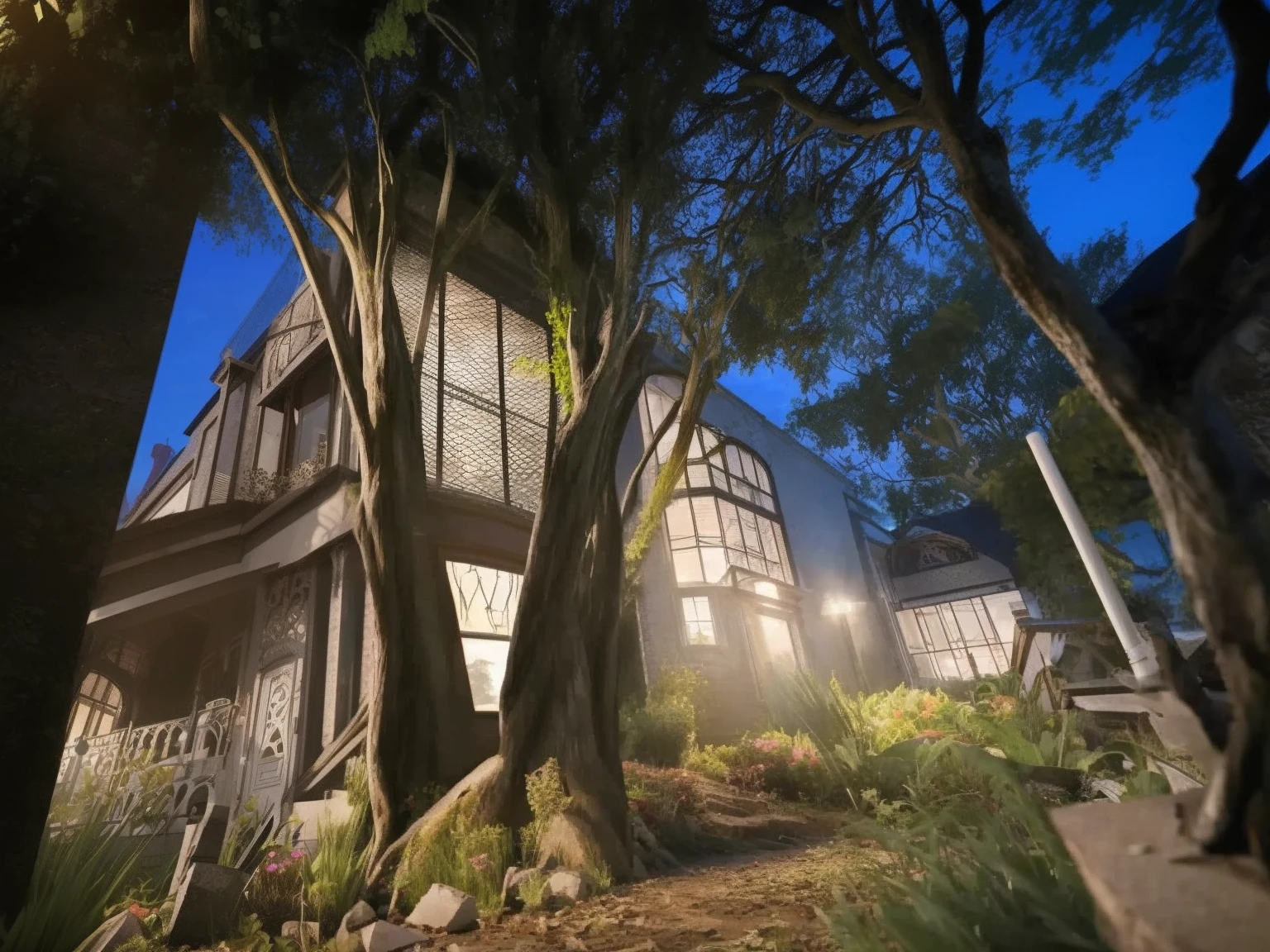 dvArchVictorian style, epic overgrown, victorian house, landscape architecture render, rubble, photo realistic, orante, super detailed, intricate, dramatic, sunset lighting, shadows,