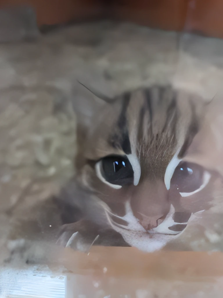 There is a cat looking at the camera through the glass, with cute doting eyes, Very big eyes, Big eyes!!!!!!!!, Very big eyes!, with huge luminous sad eyes, with a large head and big eyes, Sand Cat, cute large eyes, with big eyes, a cute little cat, margay, sad cat, Big cute eyes