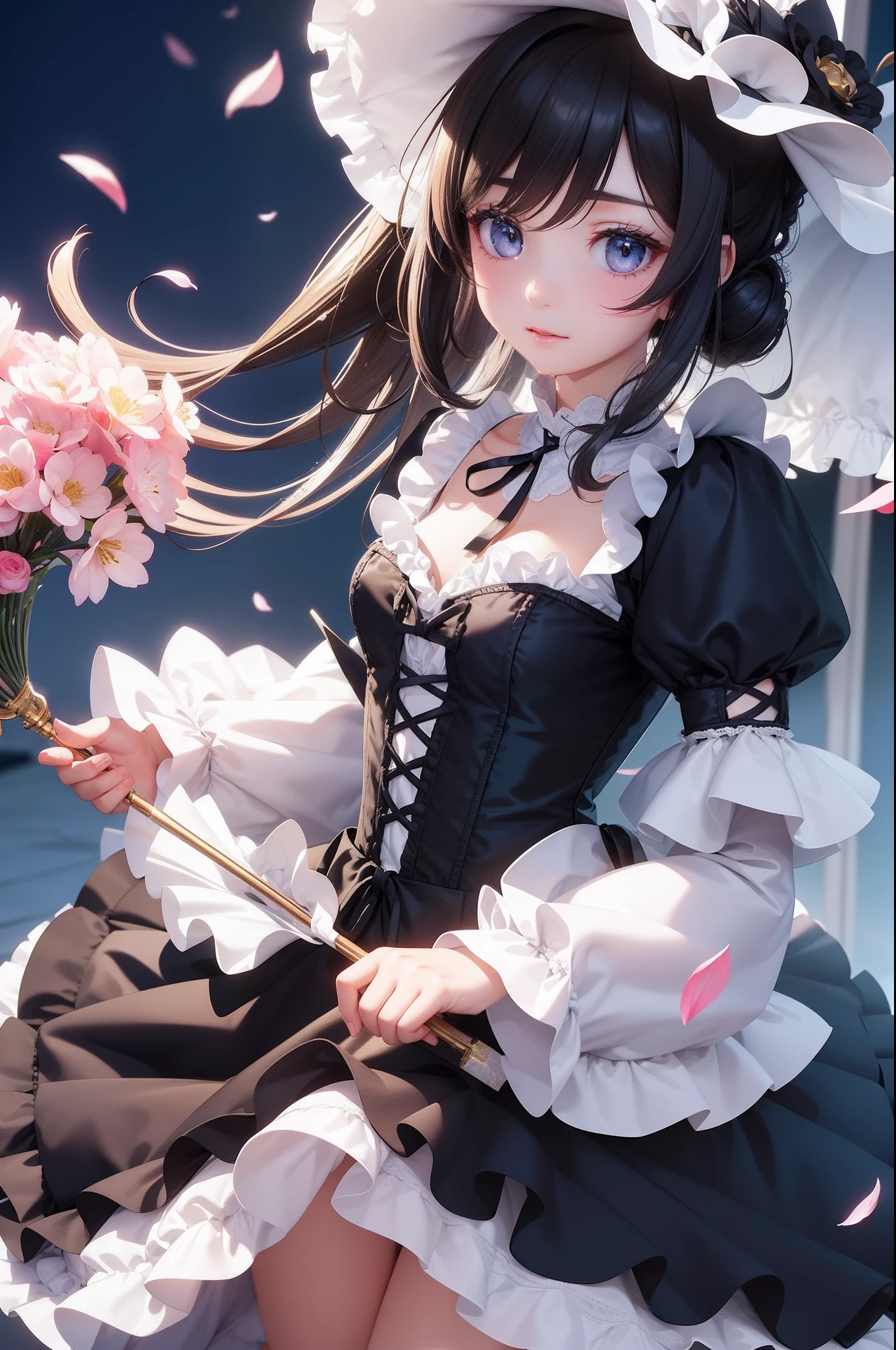 (Masterpiece), (best quality), silhouette of head of Victorian Girl、kawaii girl、aniime、 1. **lo fashion**: Victorian fashion is characterized by dressy and elegant design。Ruffles and laces、corsets、Try incorporating elements such as long dresses。 2. **hairstyle on**: Women's hairstyles in the Victorian era are often complex and delicate。Upstyling and curling、It is also a good idea to add ribbons and floral ornaments to the hair.。 3. **Features**: girl features with soft features、Beautiful、kawaii、intelligent Beatty, Beautiful 5. **accessorized**: Accessories played an important role in the Victorian era。Hats、gloves、umbrellas, etc.、By drawing accessories with attention to detail、You can give your character personality。 Nice dress、florals、Luxurious costumes、PastelColors, (shining brightly), ((dazzling)), (floating a lot of flower petals, ((3D)),