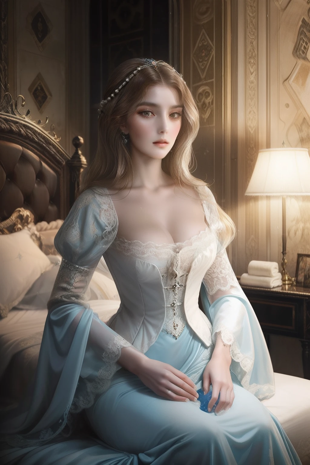 Beautiful French noblewoman of the middle ages, cabelos longos negros, olhos azuis sedutores, corpo voluptuoso, Maximum sensuality, usando vestes de dormir em um quarto luxuoso, Clean yourself with wet wipes