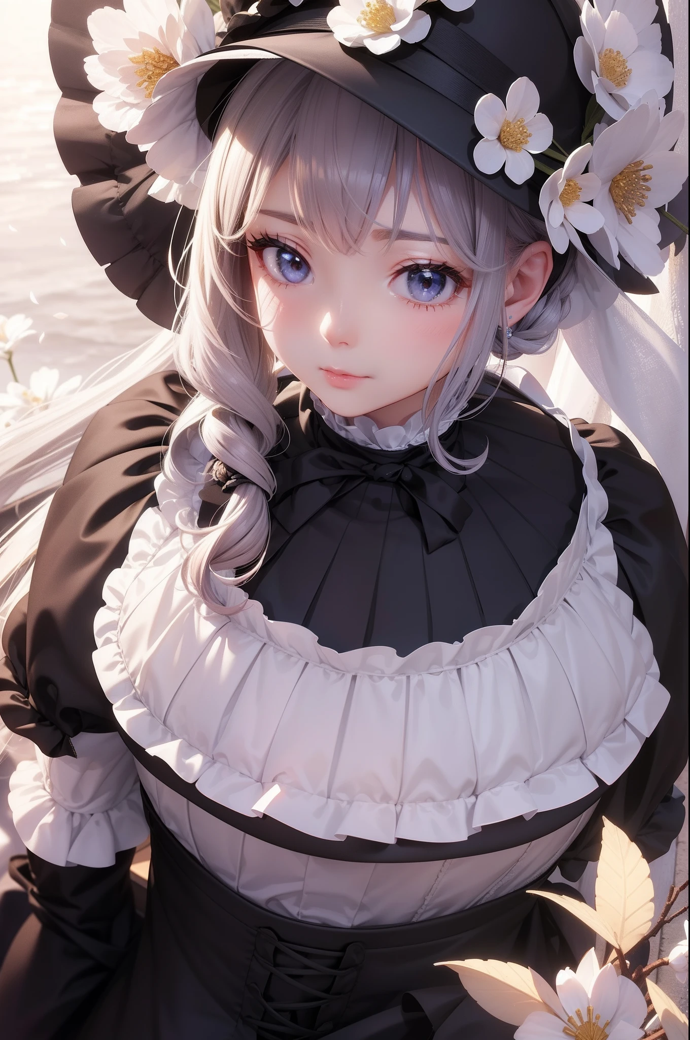 (Masterpiece), (best quality), silhouette of head of Victorian Girl、kawaii girl、aniime、 1. **lo fashion**: Victorian fashion is characterized by dressy and elegant design。Ruffles and laces、corsets、Try incorporating elements such as long dresses。 2. **hairstyle on**: Women's hairstyles in the Victorian era are often complex and delicate。Upstyling and curling、It is also a good idea to add ribbons and floral ornaments to the hair.。 3. **Features**: girl features with soft features、Beautiful、kawaii、intelligent Beatty, Beautiful 5. **accessorized**: Accessories played an important role in the Victorian era。Hats、gloves、umbrellas, etc.、By drawing accessories with attention to detail、You can give your character personality。 Nice dress、florals、Luxurious costumes、PastelColors, (shining brightly), ((dazzling)), (floating a lot of flower petals, ((3D)),