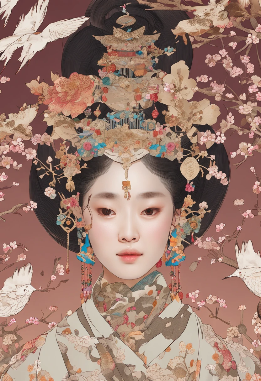 The hills overlap Kim Myeong，Sideburns lust for fragrant snow。Lazy to draw moth eyebrows，Late to freshen up。Flower front and back mirrors，Flowers and facets complement each other。New post embroidered with Luo Xiang，Double golden partridge。