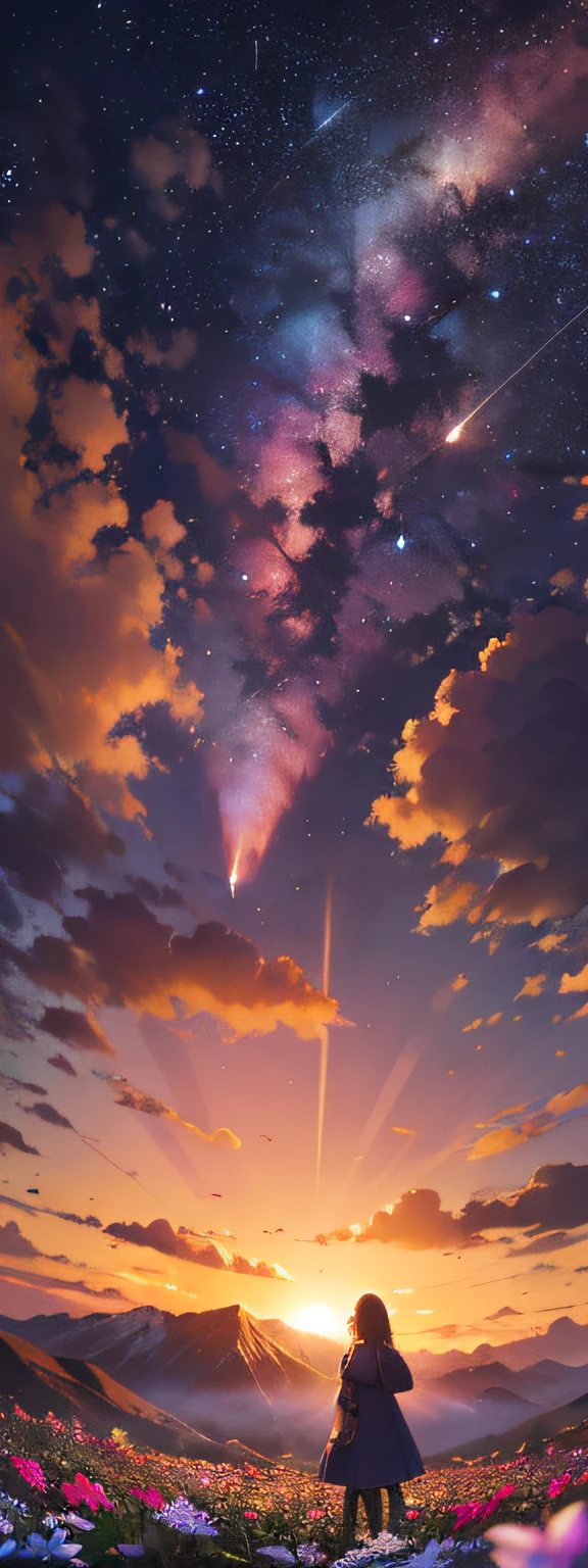 Landscape photography(Seen from below、Sky above、Lower is the field)、Girl standing in a flower garden looks up(fullmoon:1.2)、(meteors:0.9)、(nebulas:1.3) )、mountain in the distance々、WOOD BREAK CRAFTING ART、(Warm Light: 1.2)、(fireflys: 1.2)、A light、Lots of Purples and Oranges、intricate detailes、Volume Lighting BREAK (masterpiece: 1.2)、(top-quality)、4k、ultra-detailliert、(The composition of the movement: 1.4)、Rich in details and colors、(Irridescent color: 1.2)、(Glow、atmospheric lighting)、dreamy、Magical、(独奏: 1.2) von gogh Lassen