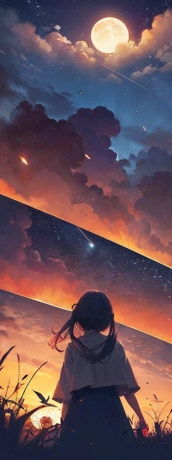 Landscape photography(Seen from below、Sky above、Lower is the field)、Girl standing in a flower garden looks up(fullmoon:1.2)、(meteors:0.9)、(nebulas:1.3) )、mountain in the distance々、WOOD BREAK CRAFTING ART、(Warm Light: 1.2)、(fireflys: 1.2)、A light、Lots of Purples and Oranges、intricate detailes、Volume Lighting BREAK (masterpiece: 1.2)、(top-quality)、4k、ultra-detailliert、(The composition of the movement: 1.4)、Rich in details and colors、(Irridescent color: 1.2)、(Glow、atmospheric lighting)、dreamy、Magical、(独奏: 1.2) von gogh Lassen