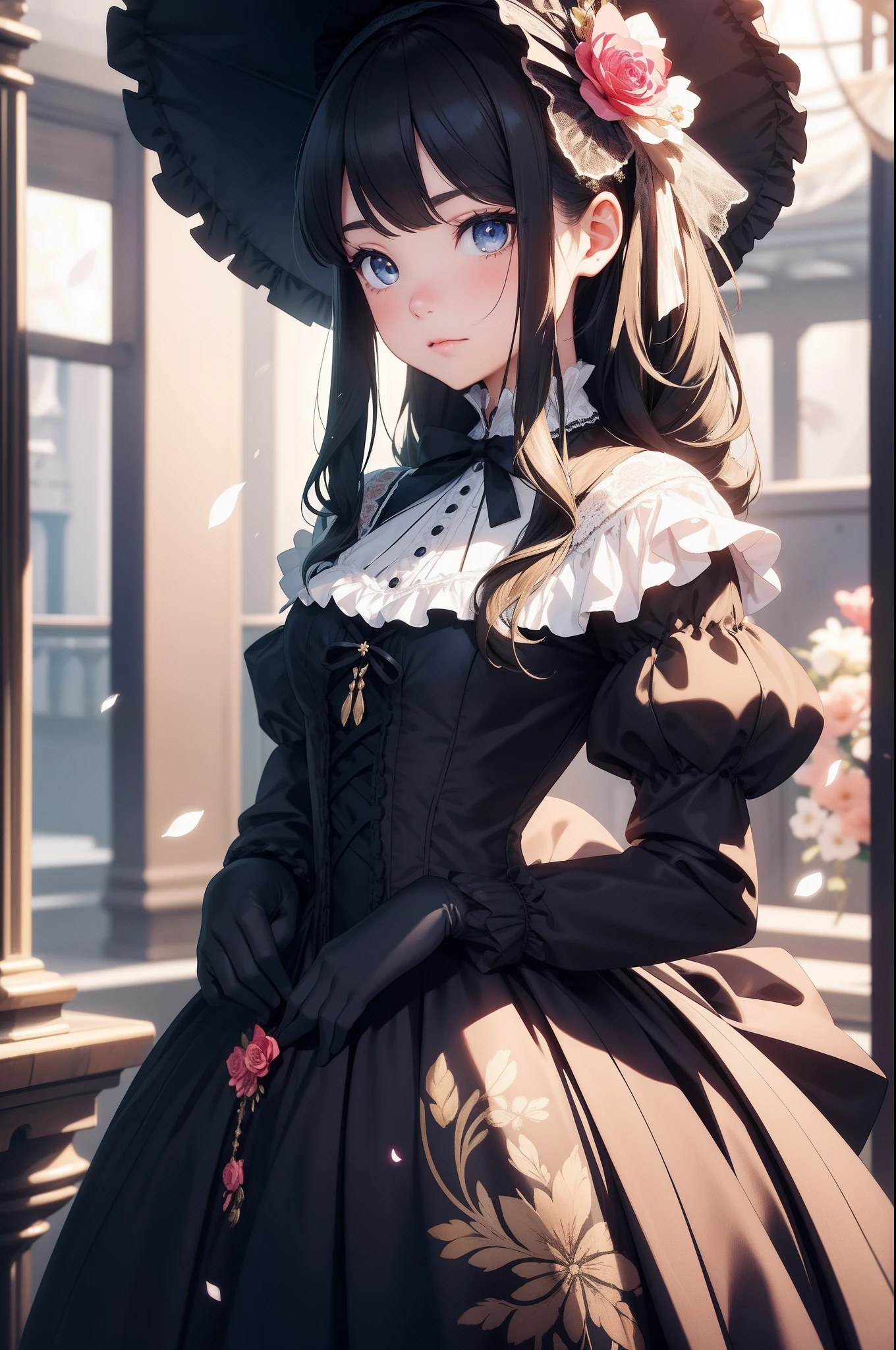 (Masterpiece), (best quality), silhouette of head of Victorian Girl、kawaii girl、aniime、 1. **lo fashion**: Victorian fashion is characterized by dressy and elegant design。Ruffles and laces、corsets、Try incorporating elements such as long dresses。 2. **hairstyle on**: Women's hairstyles in the Victorian era are often complex and delicate。Upstyling and curling、It is also a good idea to add ribbons and floral ornaments to the hair.。 3. **Features**: girl features with soft features、Beautiful、kawaii、intelligent Beatty, Beautiful 5. **accessorized**: Accessories played an important role in the Victorian era。Hats、gloves、umbrellas, etc.、By drawing accessories with attention to detail、You can give your character personality。 Nice dress、florals、Luxurious costumes、PastelColors, (shining brightly), ((dazzling)), (floating a lot of flower petals, ((3D)),