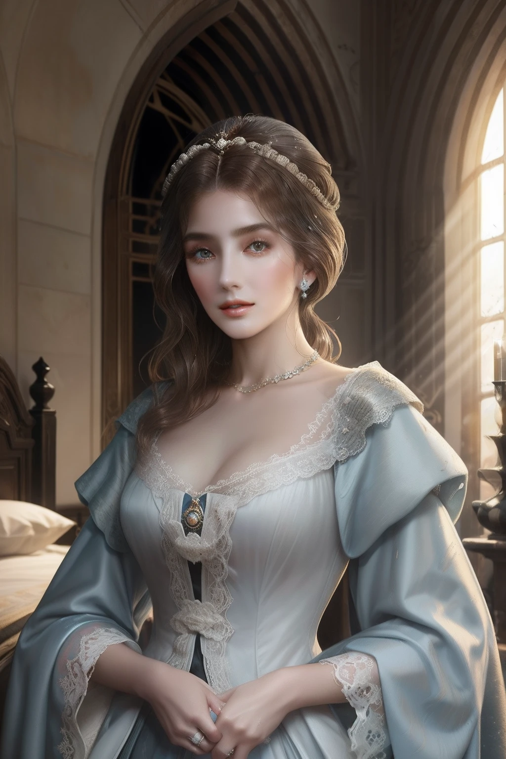 Beautiful French noblewoman of the middle ages, cabelos longos negros, olhos azuis sedutores, corpo voluptuoso, Maximum sensuality, usando vestes de dormir em um quarto luxuoso, Clean yourself with wet wipes