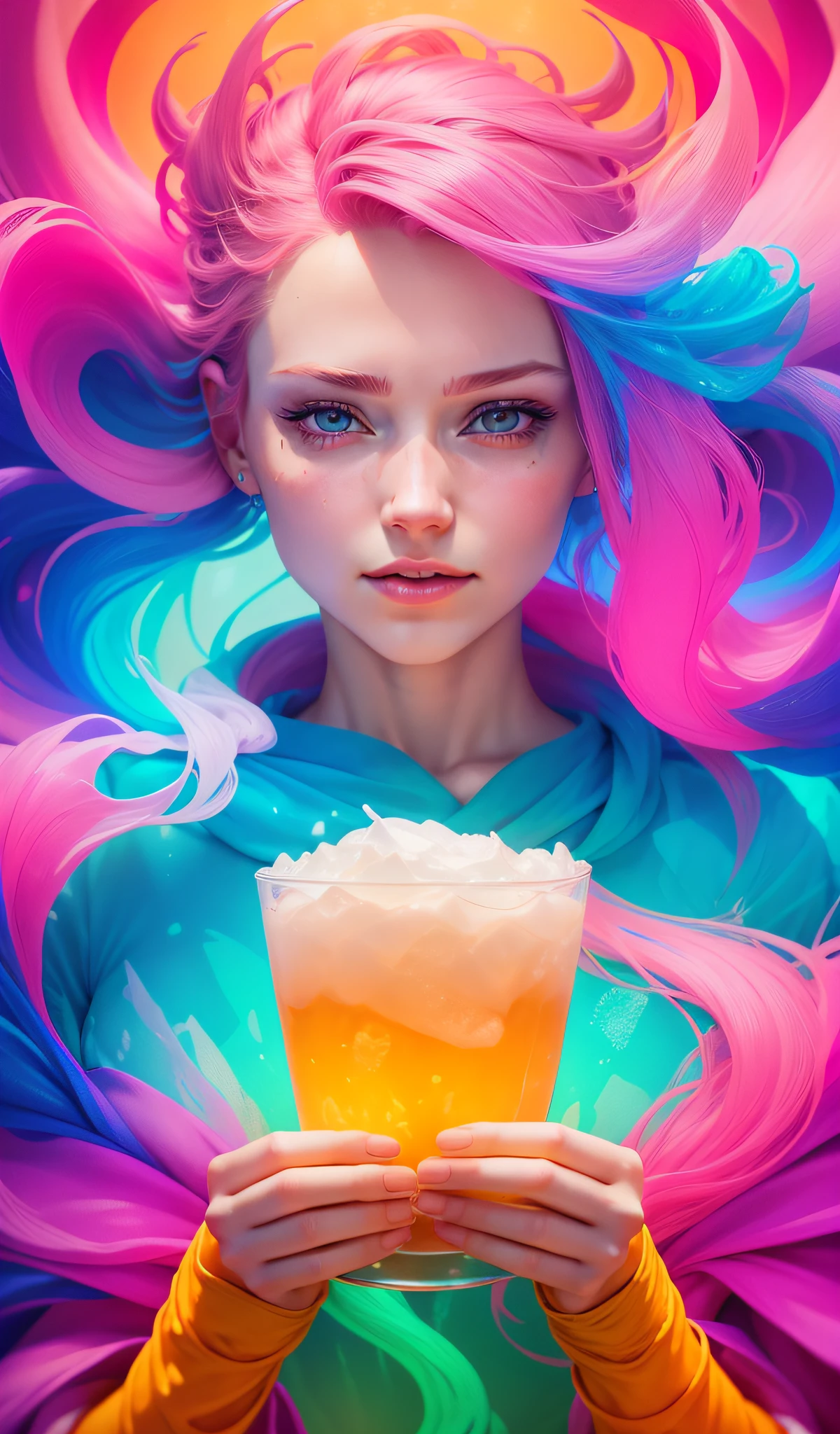 trans-fluorescent frozen-swirl clear glass cup of tea, four fingers, one thumb, an extremely beautiful pink haired lady, perfect hands, holding in her hands, 8k resolution