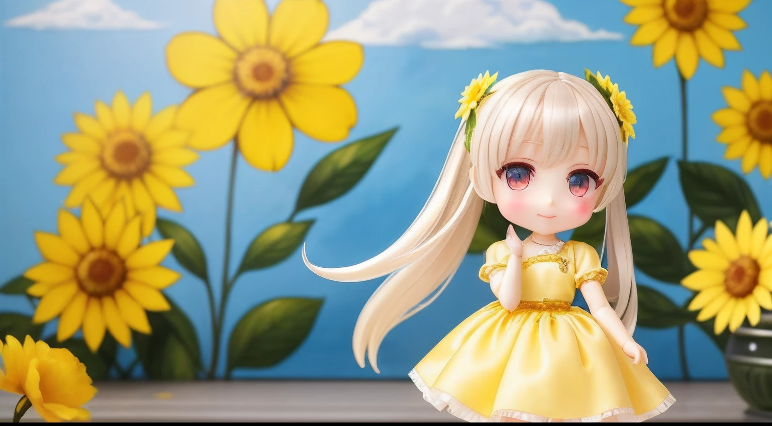 photoRealstic、Doll standing in front of the painting、swim wears、laugh face、Water droplets on the cheeks、Selfie Pose、spreading arms widely、Sengai、pixiv、rokoko、dollfie dream、watercolor Nendoroid、(High Definition Figure)、Flowing yellow silk、nendroid、bustup、Rape flower petals、season!!: 春☀ 🍂 菜の花