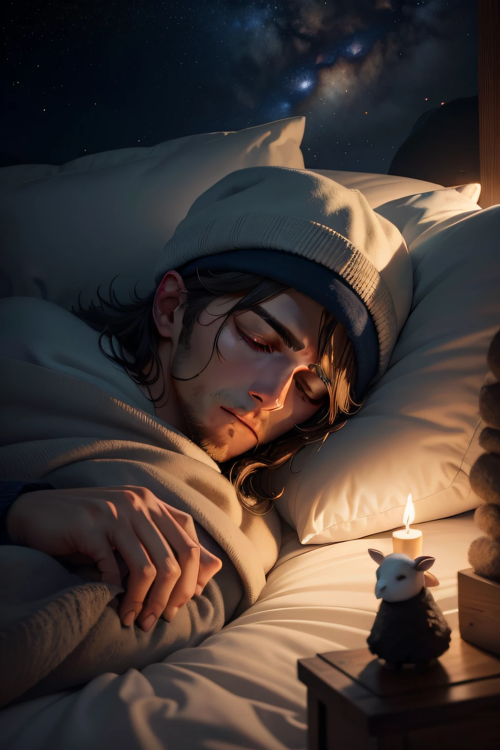 male personagem sleeping over bed with a long sleeping cap over the head, dreaming background with night full of stars, cosmic scenario and a line of sheep jumping over a wood fence, low light next to the bed, high detailed, 4k, cinematographic light, high detailed texture