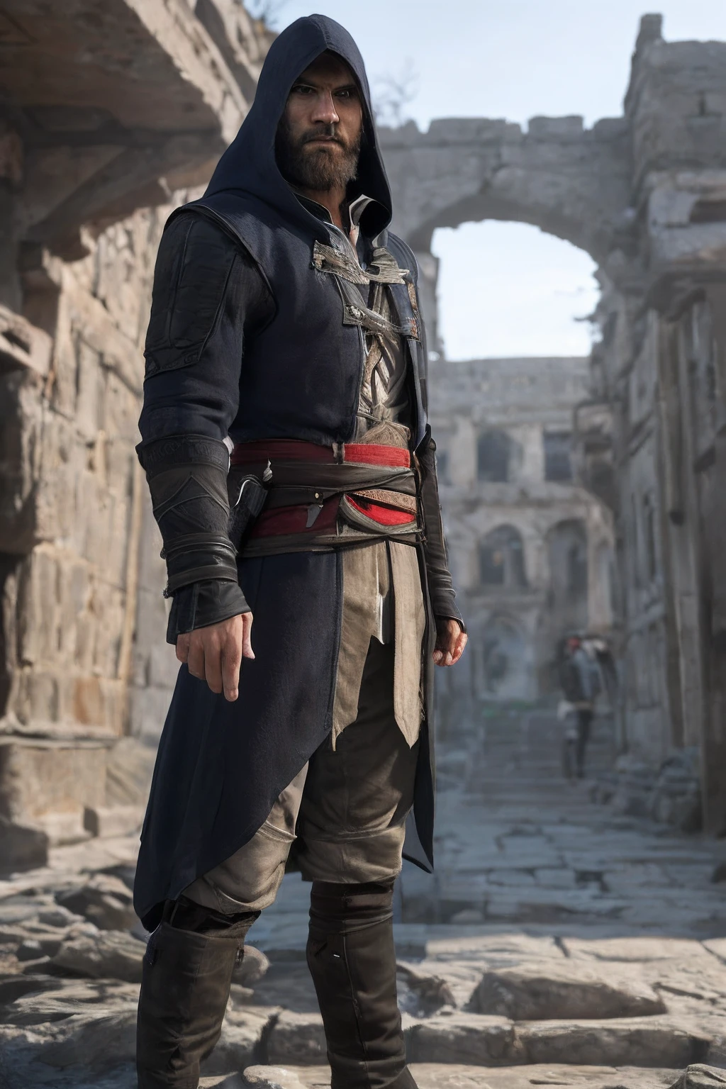 ultra-realistic image of a 30-year-old man, short hair, close-cropped beard, light eyes, staring at the camera, full body, Assassin's Creed-style hooded clothing, intricate image