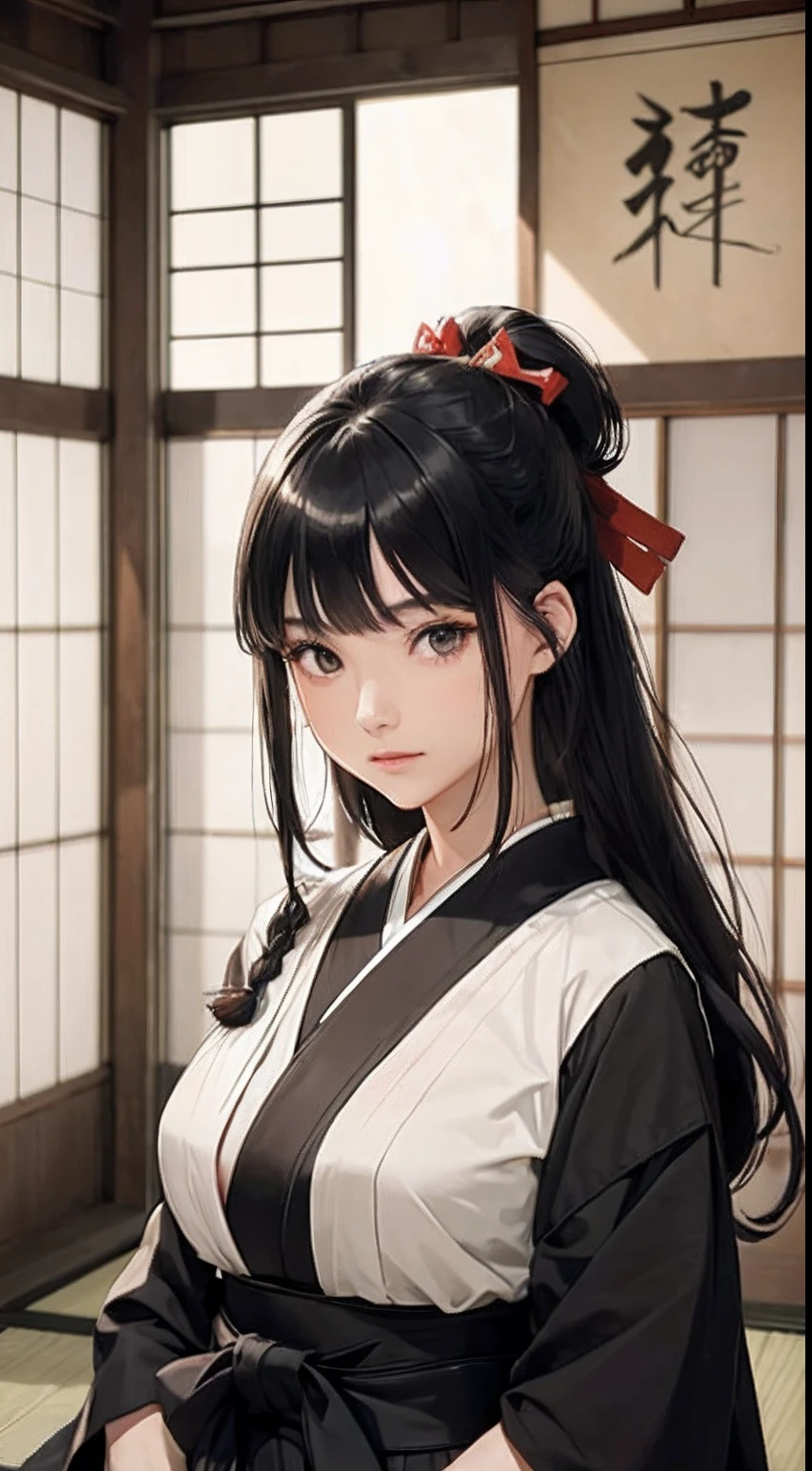 (Woman with Japan long bow:1.4)、1girl in,Black hair fringe long hair、Braided hair、disheveled hair、Light brown eyes、(Extraordinary beauty)、(dignified expression)、(Hakama:1.4)、(爆乳:1.4)、dojo、(Photorealsitic)、(intricate detailes:1.2)、(​masterpiece、:1.3)、(top-quality:1.4)、(超A high resolution:1.2)、超A high resolution、(A detailed eye)、(detailed facial features)