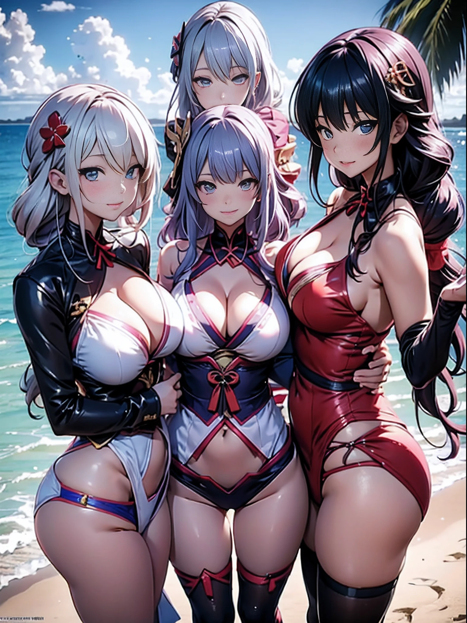 Three women in bikinis pose for a group photo on a beach by the sea, seductive anime girls, beautiful and seductive anime woman, Guviz-style artwork, Perfect white haired girl, Guviz, Beautiful anime girl, ross tran. scenery background, in beach, Beautiful anime woman, trending on artstation pixiv, Extremely detailed Artgerm, Beautiful anime，Extra-large big breasts，Blush，